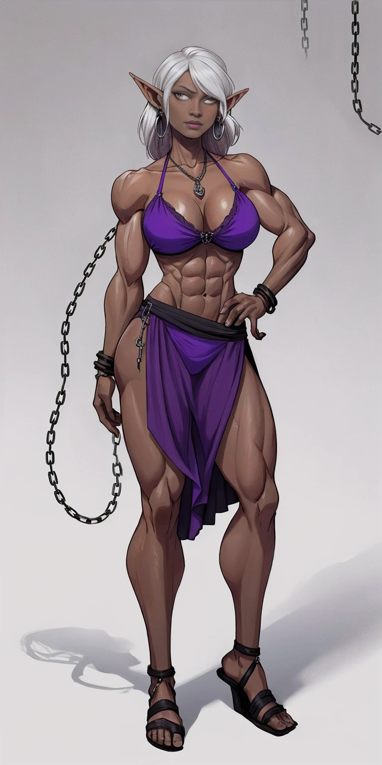 Appearance
Gender: Female
Age: Mature
Race: Drow (elf with dark skin and white hair)
Height: Full-body
Skin: Gray
Skin: Gray
Background: Plain Gray
Eyes: Purple
Attire: Bikini, revealing abdominal muscles
Accessories: Large earrings, ragged rags, chain necklace