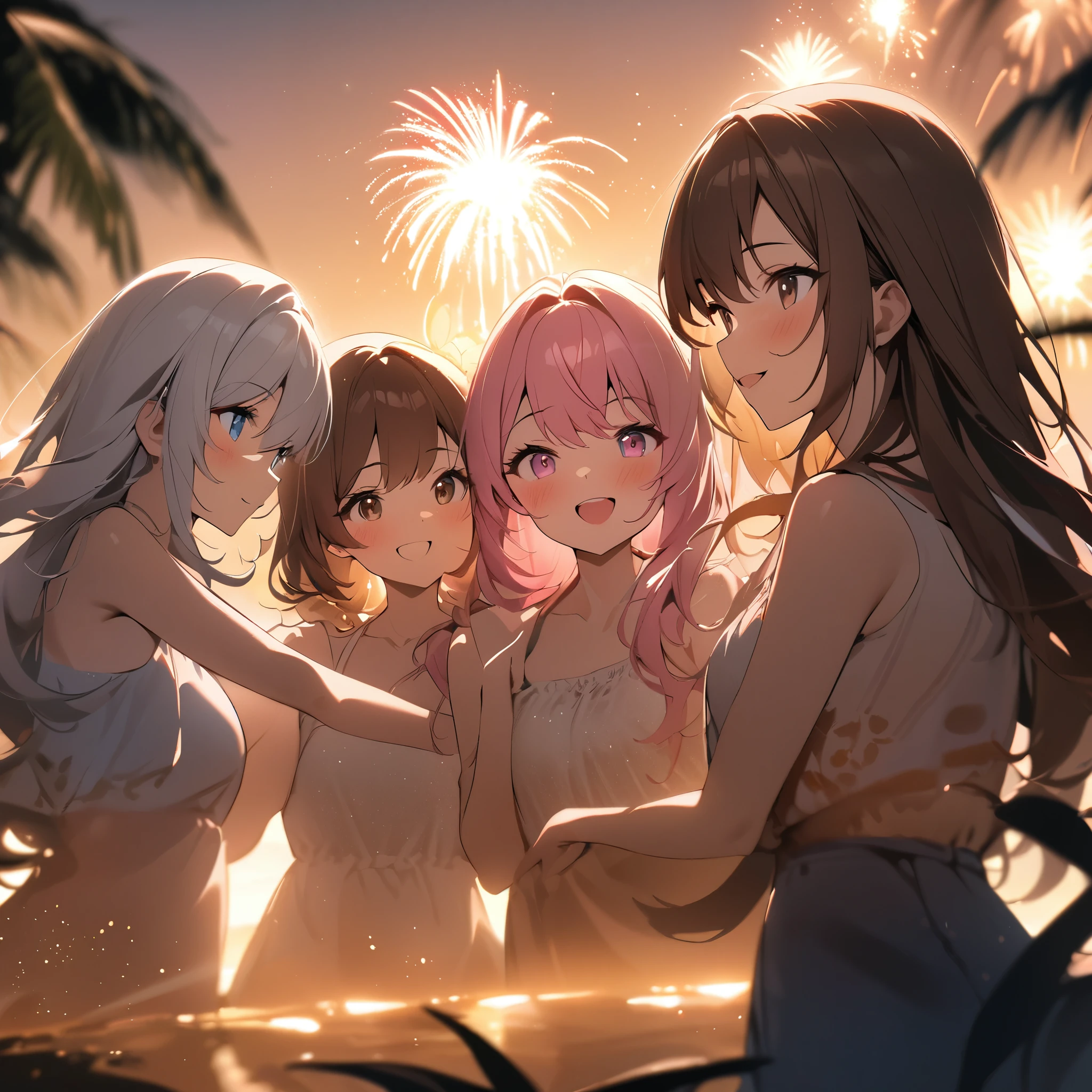 Highest quality, masterpiece, Three Girls,Brown Hair,Brown eyes,Double exposure,Silver Hair,,Long Hair,Blue eyes,Pink Hair,Pink eyes, The best smile, Doing fireworks,Golden light particle effect,summer