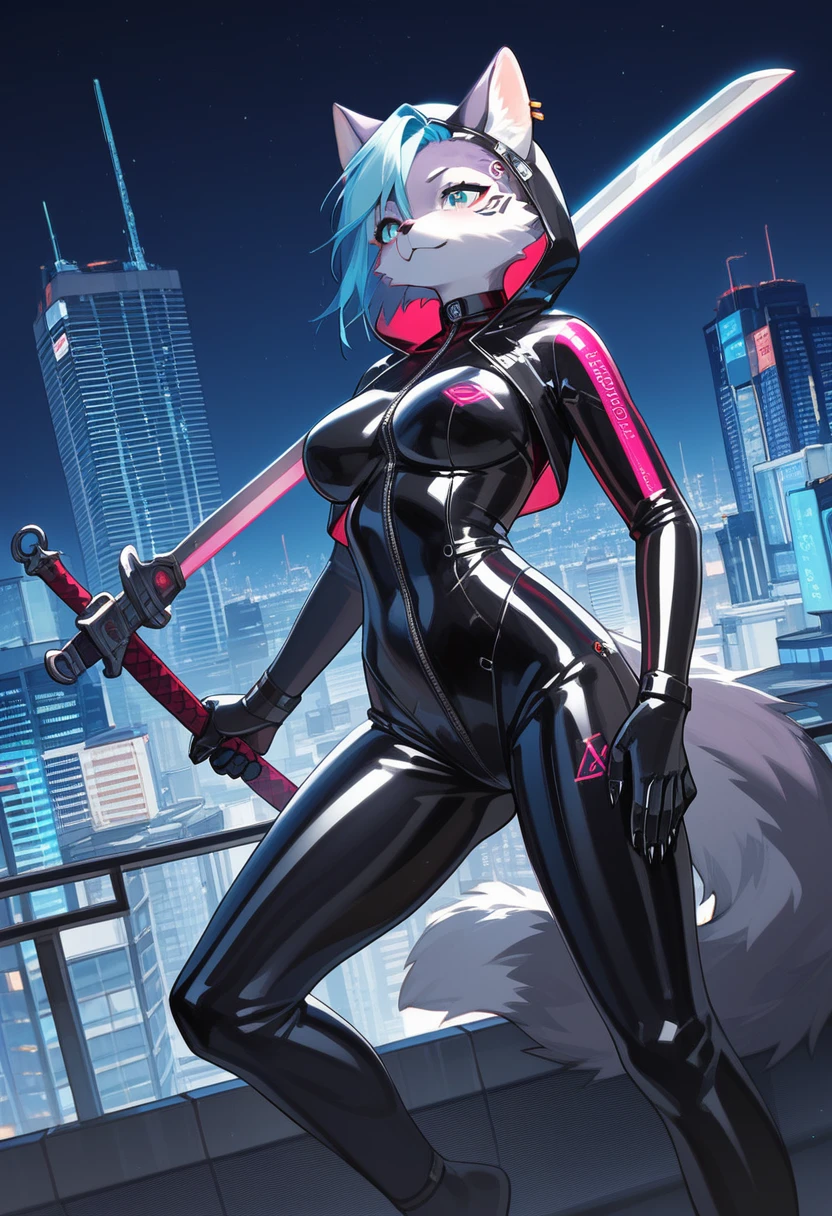 Highest quality, Highest quality, High quality illustrations, masterpiece, Ultra-high resolution, Detailed Background, skyscraper, rooftop, night, Absurd, Perfect Anatomy, performance, Good lighting, Shadows in the movies(kemono, Furry PersonifiCation), Cat, Rubber Suit, latex, neon, neonライト, neonカラー, Bodysuits, Cyber Suit, cyber punk, Rubber Hoodie, Holding a sword, Earrings, Tattoo Dynamic Angle