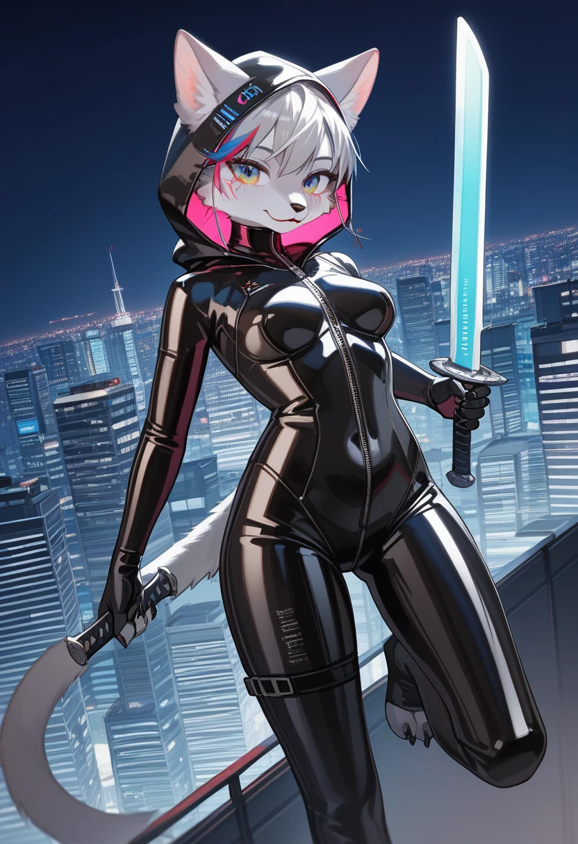 Highest quality, Highest quality, High quality illustrations, masterpiece, Ultra-high resolution, Detailed Background, skyscraper, rooftop, night, Absurd, Perfect Anatomy, performance, Good lighting, Shadows in the movies(kemono, Furry PersonifiCation), Cat, Rubber Suit, latex, neon, neonライト, neonカラー, Bodysuits, Cyber Suit, cyber punk, Rubber Hoodie, Holding a sword, Earrings, Tattoo Dynamic Angle