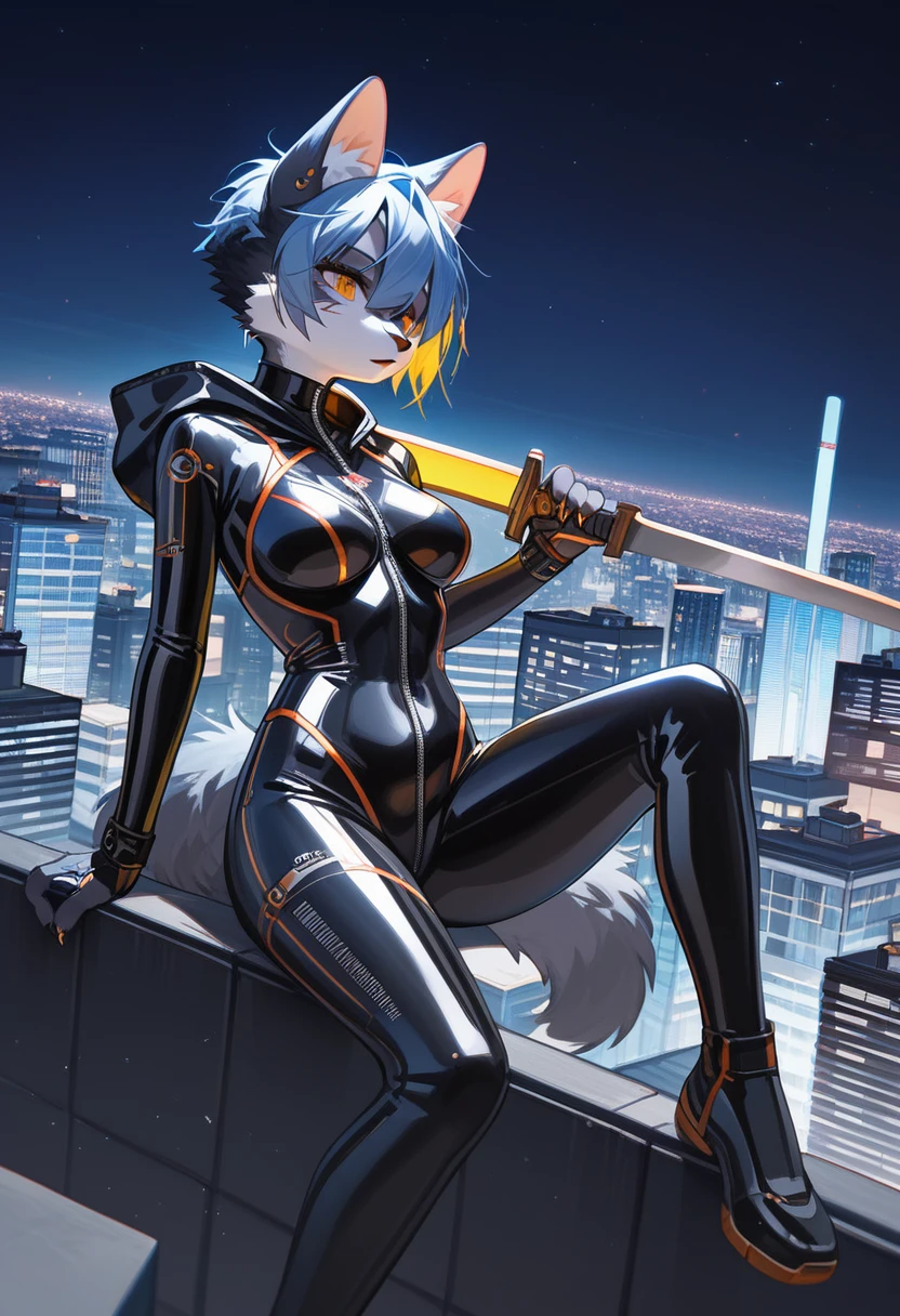 Highest quality, Highest quality, High quality illustrations, masterpiece, Ultra-high resolution, Detailed Background, skyscraper, rooftop, night, Absurd, Perfect Anatomy, performance, Good lighting, Shadows in the movies(kemono, Furry PersonifiCation), Cat, Rubber Suit, latex, neon, neonライト, neonカラー, Bodysuits, Cyber Suit, cyber punk, Rubber Hoodie, Holding a sword, Earrings, Tattoo Dynamic Angle