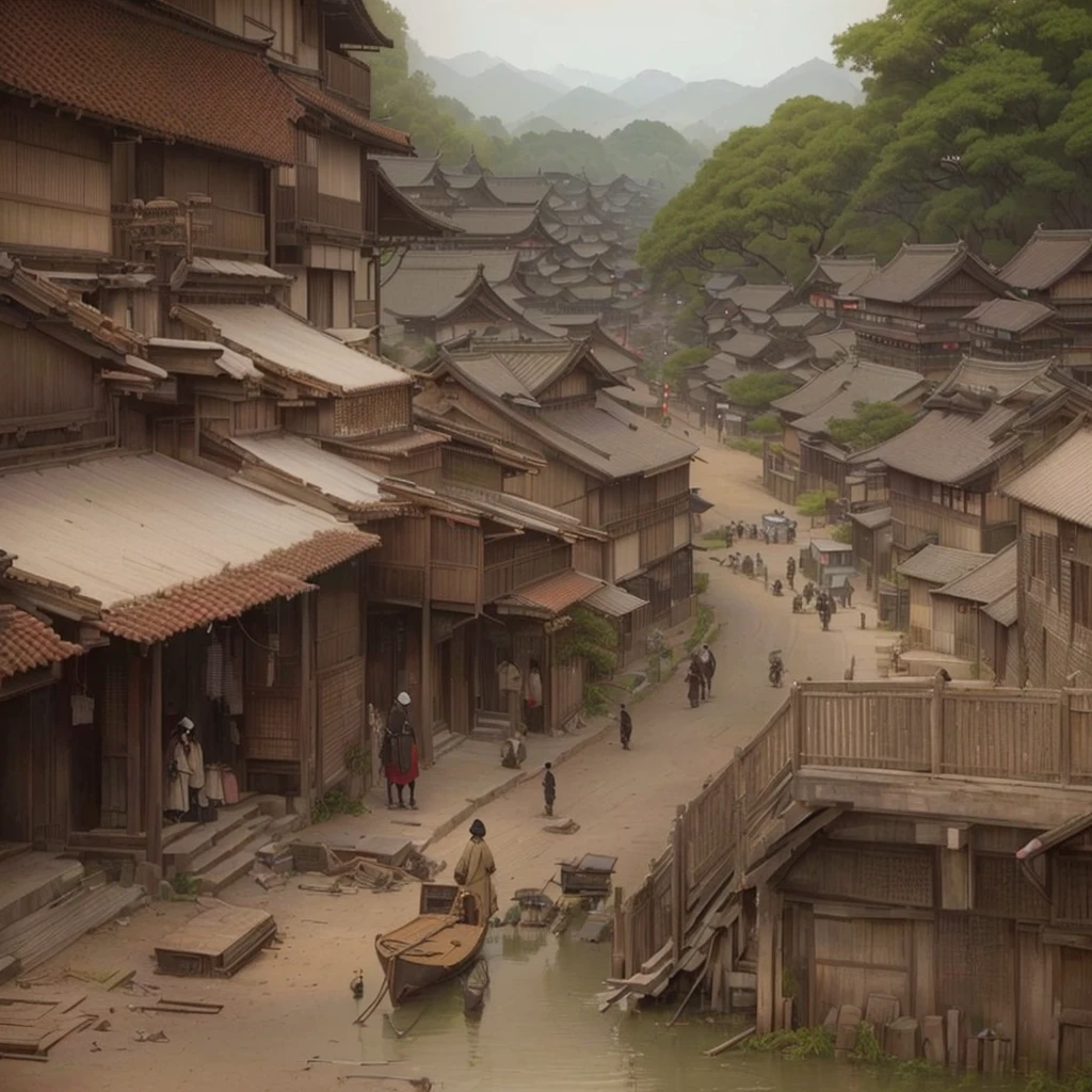 Here is a picture of a village with many buildings., Old Asian Village, Japanese Street, Japanese Village, The ancient street behind her, Set in feudal Japan, Chinese Village, inspired by Yoshihiko Wada, Anime scenery concept art, Highly realistic concept art, Japanese countryside, Streets of Baldur's Gate, Dreamy city in China, Traditional Japanese concept art Blazing flames, fire, crowd, throng, freezing, mother warming her .Scenery and Cityscape in the Early Meiji Era After the Meiji Restoration, Japan underwent rapid modernization and civilization. Consequently, many changes and reforms occurred. Below is a detailed explanation of the scenery, appearance of the poor, occupations, and cityscapes in the early Meiji period (1868 to the early 1880s). 2. Appearance of the Poor Life for the impoverished and lower classes remained harsh. In particular, in urban areas, people migrated from rural areas or unemployed artisans gathered, intensifying competition in the labor market. Many of them struggled with poverty, often residing in slums or around temples. 3. Occupations Meiji early Japan witnessed a diversification of occupations. Traditional agriculture and handicrafts were accompanied by the rise of modern industry and commerce. Particularly in urban areas, factory workers, shop clerks, and transporters increased, giving rise to new professions. However, many in these occupations endured harsh working conditions. 4. Influence of Civilization and Enlightenment During the Meiji era, Western cultural influences spread rapidly. Changes in clothing, dietary habits, and the proliferation of Western-style architecture advanced, especially in urban areas. Conversely, this development posed a threat to traditional culture and lifestyles, resulting in societal upheaval and adaptation challenges. 5. Social Change and Policy Influence While promoting modernization policies, the government also addressed poverty and social issues. Legislation for labor protection and charitable activities to aid the poor were implemented. Nevertheless, living conditions for the impoverished scarcely improved. The early Meiji period marked a rapid transformation in Ja