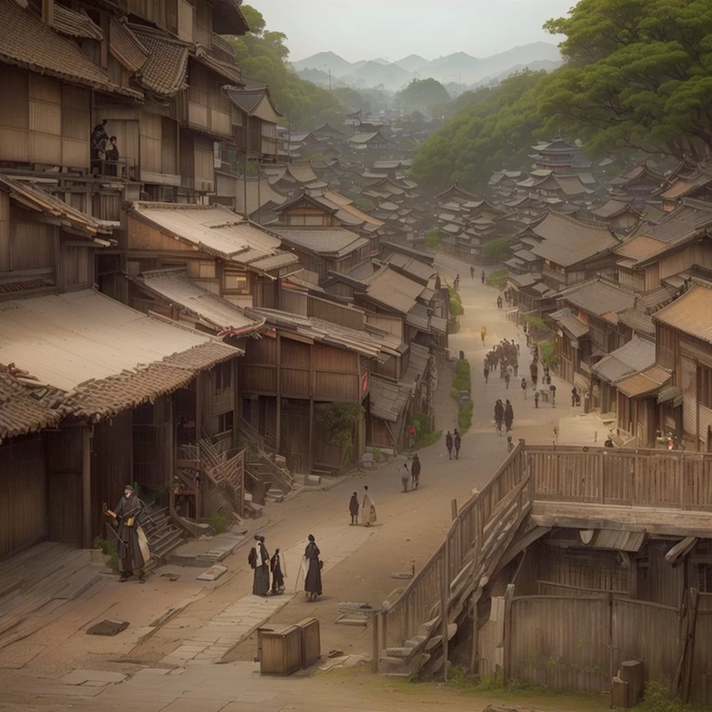 Here is a picture of a village with many buildings., Old Asian Village, Japanese Street, Japanese Village, The ancient street behind her, Set in feudal Japan, Chinese Village, inspired by Yoshihiko Wada, Anime scenery concept art, Highly realistic concept art, Japanese countryside, Streets of Baldur's Gate, Dreamy city in China, Traditional Japanese concept art Blazing flames, fire, crowd, throng, freezing, mother warming her baby.Scenery and Cityscape in the Early Meiji Era After the Meiji Restoration, Japan underwent rapid modernization and civilization. Consequently, many changes and reforms occurred. Below is a detailed explanation of the scenery, appearance of the poor, occupations, and cityscapes in the early Meiji period (1868 to the early 1880s). 2. Appearance of the Poor Life for the impoverished and lower classes remained harsh. In particular, in urban areas, people migrated from rural areas or unemployed artisans gathered, intensifying competition in the labor market. Many of them struggled with poverty, often residing in slums or around temples. 3. Occupations Meiji early Japan witnessed a diversification of occupations. Traditional agriculture and handicrafts were accompanied by the rise of modern industry and commerce. Particularly in urban areas, factory workers, shop clerks, and transporters increased, giving rise to new professions. However, many in these occupations endured harsh working conditions. 4. Influence of Civilization and Enlightenment During the Meiji era, Western cultural influences spread rapidly. Changes in clothing, dietary habits, and the proliferation of Western-style architecture advanced, especially in urban areas. Conversely, this development posed a threat to traditional culture and lifestyles, resulting in societal upheaval and adaptation challenges. 5. Social Change and Policy Influence While promoting modernization policies, the government also addressed poverty and social issues. Legislation for labor protection and charitable activities to aid the poor were implemented. Nevertheless, living conditions for the impoverished scarcely improved. The early Meiji period marked a rapid transformation in Ja