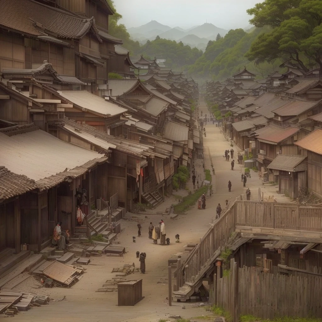Here is a picture of a village with many buildings., Old Asian Village, Japanese Street, Japanese Village, The ancient street behind her, Set in feudal Japan, Chinese Village, inspired by Yoshihiko Wada, Anime scenery concept art, Highly realistic concept art, Japanese countryside, Streets of Baldur's Gate, Dreamy city in China, Traditional Japanese concept art Blazing flames, fire, crowd, throng, freezing, mother warming her baby.Scenery and Cityscape in the Early Meiji Era After the Meiji Restoration, Japan underwent rapid modernization and civilization. Consequently, many changes and reforms occurred. Below is a detailed explanation of the scenery, appearance of the poor, occupations, and cityscapes in the early Meiji period (1868 to the early 1880s). 2. Appearance of the Poor Life for the impoverished and lower classes remained harsh. In particular, in urban areas, people migrated from rural areas or unemployed artisans gathered, intensifying competition in the labor market. Many of them struggled with poverty, often residing in slums or around temples. 3. Occupations Meiji early Japan witnessed a diversification of occupations. Traditional agriculture and handicrafts were accompanied by the rise of modern industry and commerce. Particularly in urban areas, factory workers, shop clerks, and transporters increased, giving rise to new professions. However, many in these occupations endured harsh working conditions. 4. Influence of Civilization and Enlightenment During the Meiji era, Western cultural influences spread rapidly. Changes in clothing, dietary habits, and the proliferation of Western-style architecture advanced, especially in urban areas. Conversely, this development posed a threat to traditional culture and lifestyles, resulting in societal upheaval and adaptation challenges. 5. Social Change and Policy Influence While promoting modernization policies, the government also addressed poverty and social issues. Legislation for labor protection and charitable activities to aid the poor were implemented. Nevertheless, living conditions for the impoverished scarcely improved. The early Meiji period marked a rapid transformation in Ja