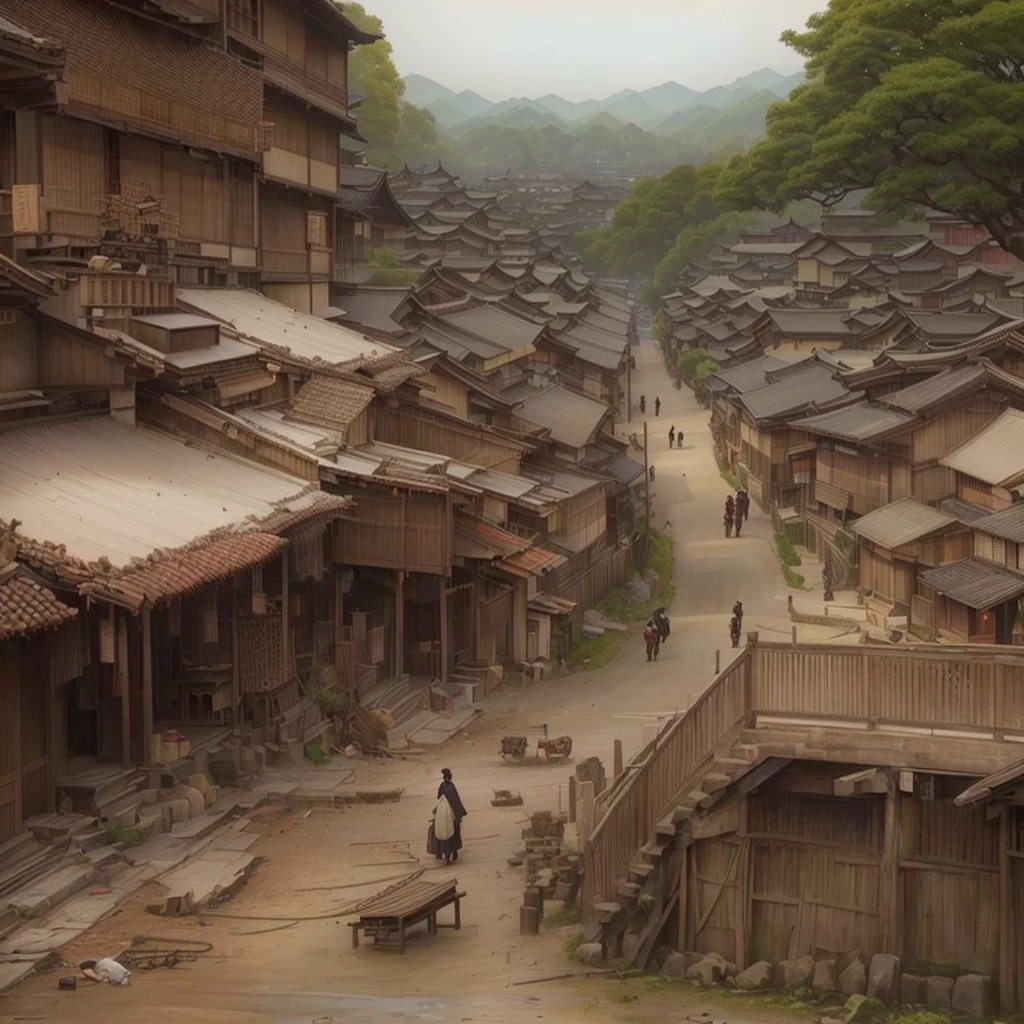 Here is a picture of a village with many buildings., Old Asian Village, Japanese Street, Japanese Village, The ancient street behind her, Set in feudal Japan, Chinese Village, inspired by Yoshihiko Wada, Anime scenery concept art, Highly realistic concept art, Japanese countryside, Streets of Baldur's Gate, Dreamy city in China, Traditional Japanese concept art Blazing flames, fire, crowd, throng, freezing, mother warming her baby.Scenery and Cityscape in the Early Meiji Era After the Meiji Restoration, Japan underwent rapid modernization and civilization. Consequently, many changes and reforms occurred. Below is a detailed explanation of the scenery, appearance of the poor, occupations, and cityscapes in the early Meiji period (1868 to the early 1880s). 2. Appearance of the Poor Life for the impoverished and lower classes remained harsh. In particular, in urban areas, people migrated from rural areas or unemployed artisans gathered, intensifying competition in the labor market. Many of them struggled with poverty, often residing in slums or around temples. 3. Occupations Meiji early Japan witnessed a diversification of occupations. Traditional agriculture and handicrafts were accompanied by the rise of modern industry and commerce. Particularly in urban areas, factory workers, shop clerks, and transporters increased, giving rise to new professions. However, many in these occupations endured harsh working conditions. 4. Influence of Civilization and Enlightenment During the Meiji era, Western cultural influences spread rapidly. Changes in clothing, dietary habits, and the proliferation of Western-style architecture advanced, especially in urban areas. Conversely, this development posed a threat to traditional culture and lifestyles, resulting in societal upheaval and adaptation challenges. 5. Social Change and Policy Influence While promoting modernization policies, the government also addressed poverty and social issues. Legislation for labor protection and charitable activities to aid the poor were implemented. Nevertheless, living conditions for the impoverished scarcely improved. The early Meiji period marked a rapid transformation in Ja