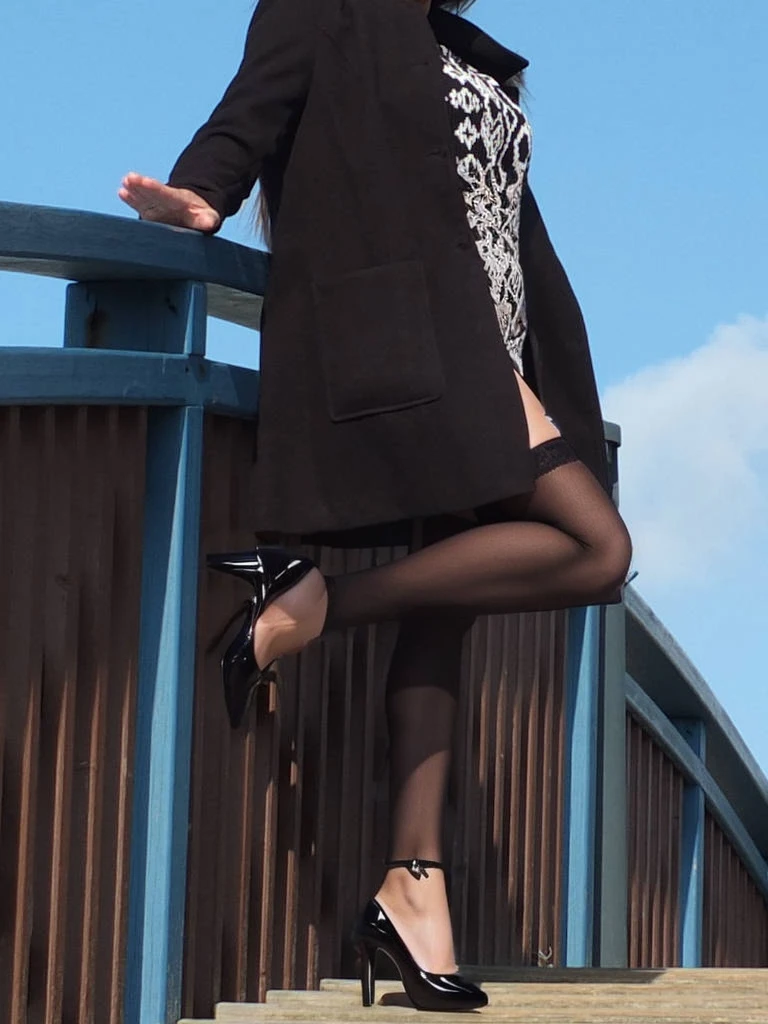 white transparent Ultra-realistic thighhighs, stilettos