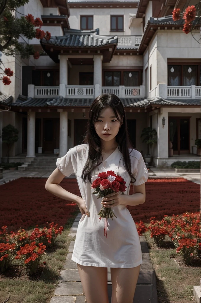 a family korean in front of a mansion full of blood. There are flowers and money around her. Ce personnage est tellement énigmatique que quand on le voit on se demande ce qu'il y a dans sa demeure. Il est accompagné de sa fille.