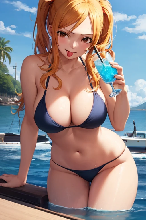 ((best quality)), ((masterpiece)), (detailed), 1girl, Nami from One piece, (stick out her tongue sensually), (drink a bootle of water), (on a boat), (sexy bikini), (perfect body)