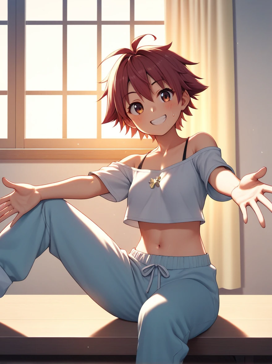 score_9, score_8_up, score_7_up, best quality, masterpiece, 4k, perfect lighting, anime BREAK,makoto,1girl:1.3,shy:0.6,confident:0.8, sitting, [cross leg|leg down], baggy shirt, sweatpants:1.1, off the shoulder,rich color, crop top:0.5, modest dress, happy, facing viewer, smile, side lighting, outstretched arms naked