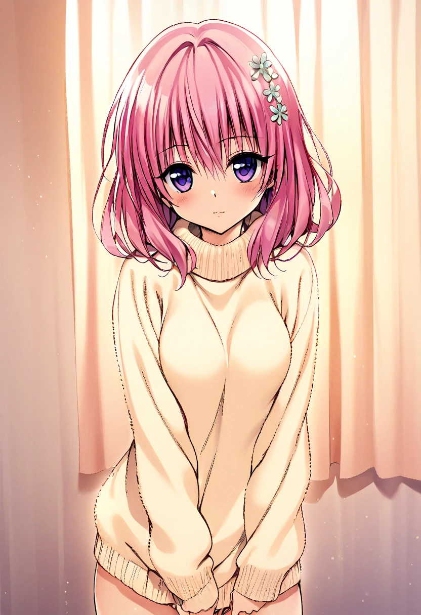 One girl, momo beria deviluke,pink short hair,purple eyes,floral hair accessory, pastel colors, soft lighting, fluffy sweater,Style of Yabuki Kentaro, To Love-Ru art style,masterpiece, best quality,absurdres