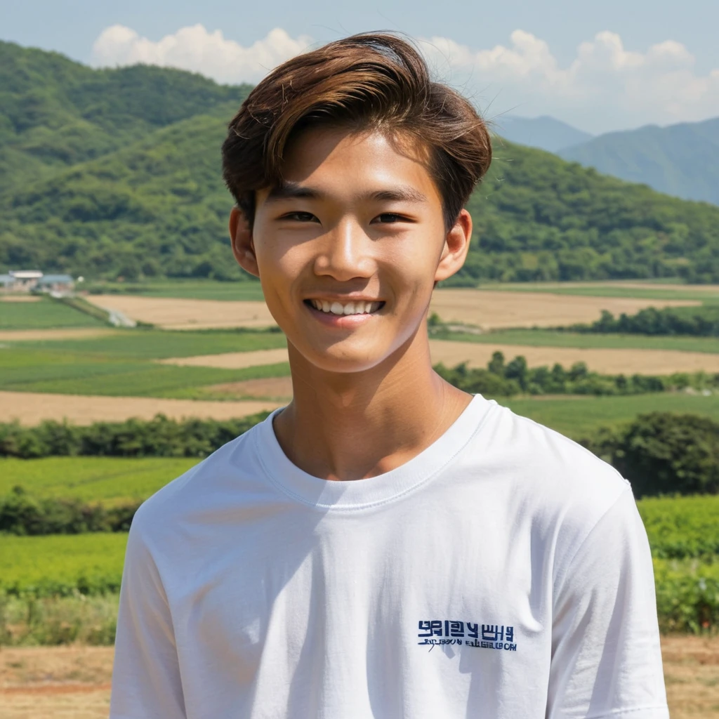 A 19-year-old high school boy from a rural area in South Korea, standing outside with a slightly tan complexion. He is wearing a with a white shirt, dark pants. His hair is very short, The background features a picturesque countryside scene with fields, trees, and a distant mountain range under a clear blue sky. He has a shy smile on his face, and his posture is relaxed yet slightly reserved. ((3boys))