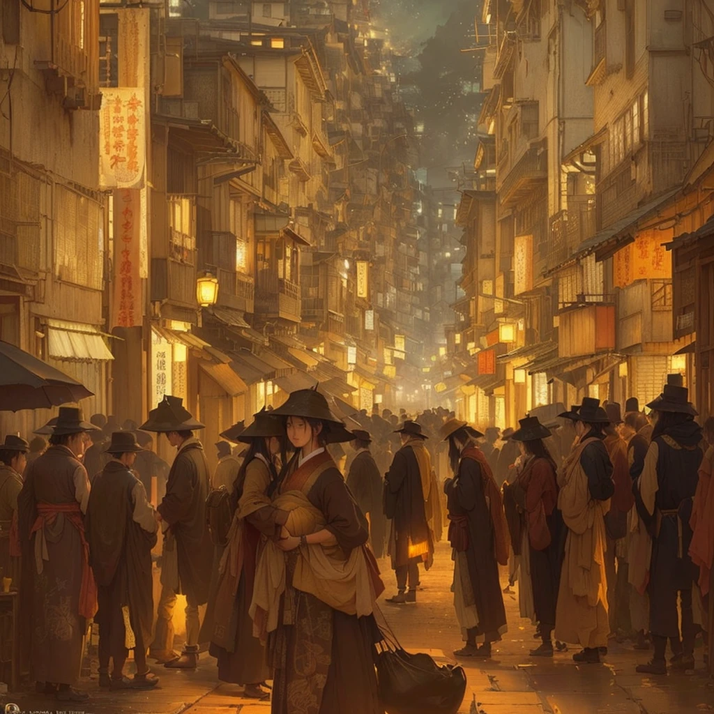 people々A street scene with people walking and sitting on the ground, inspired Carl Spitzweg著, Carl Spitzweg, Carl Spitzweg. Unreal Engine, Tonal illustration, Carl Spitzweg. Sharp focus, craig mullins dappled lighting, Carl Spitzweg著, Blade Runner concept art, Charles Cundall, Golden steampunk city atmosphere Blazing flames, fire, crowd, throng, freezing, mother warming her baby.Scenery and Cityscape in the Early Meiji Era After the Meiji Restoration, Japan underwent rapid modernization and civilization. Consequently, many changes and reforms occurred. Below is a detailed explanation of the scenery, appearance of the poor, occupations, and cityscapes in the early Meiji period (1868 to the early 1880s). 2. Appearance of the Poor Life for the impoverished and lower classes remained harsh. In particular, in urban areas, people migrated from rural areas or unemployed artisans gathered, intensifying competition in the labor market. Many of them struggled with poverty, often residing in slums or around temples. 3. Occupations Meiji early Japan witnessed a diversification of occupations. Traditional agriculture and handicrafts were accompanied by the rise of modern industry and commerce. Particularly in urban areas, factory workers, shop clerks, and transporters increased, giving rise to new professions. However, many in these occupations endured harsh working conditions. 4. Influence of Civilization and Enlightenment During the Meiji era, Western cultural influences spread rapidly. Changes in clothing, dietary habits, and the proliferation of Western-style architecture advanced, especially in urban areas. Conversely, this development posed a threat to traditional culture and lifestyles, resulting in societal upheaval and adaptation challenges. 5. Social Change and Policy Influence While promoting modernization policies, the government also addressed poverty and social issues. Legislation for labor protection and charitable activities to aid the poor were implemented. Nevertheless, living conditions for the impoverished scarcely improved. The early Meiji period marked a rapid transform