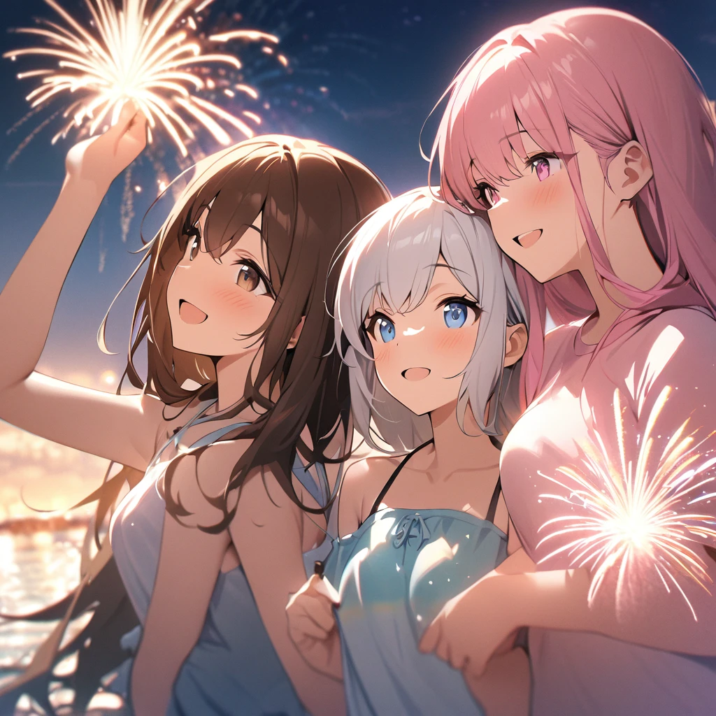 Highest quality, masterpiece, Three Girls,Brown Hair,Brown eyes,Double exposure,Silver Hair,,Long Hair,Blue eyes,Pink Hair,Pink eyes, The best smile, Doing fireworks,summer