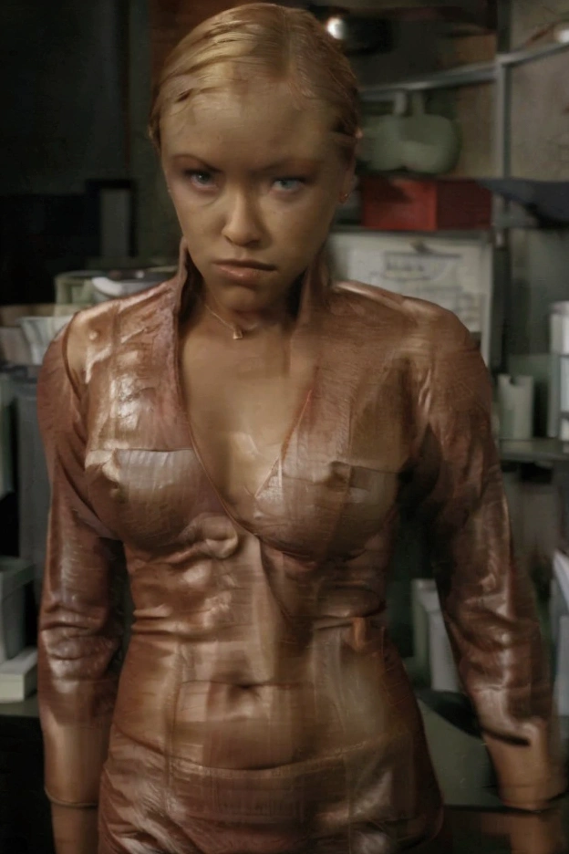 ((full body focus)),((full nude)),(1woman),blonde,((office hairstyle)),front view,stand pose,expressionless,25 years old, beautiful woman,green eyes,(looking at the viewer),small nose,(Slanted Eyes),monolid,(night time),(in los angeles street),(Standing upright posture),symmetry,