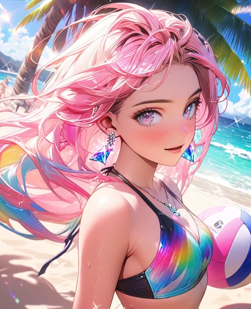 8K,gal,an extremely delicate and beautiful,Beautiful and realistic skin,Shiny jewel-like earrings,Shine like glitter long colorful hair,beautiful eyes,bikini,beach volleyball,pink ball,beautiful beach,glitter background