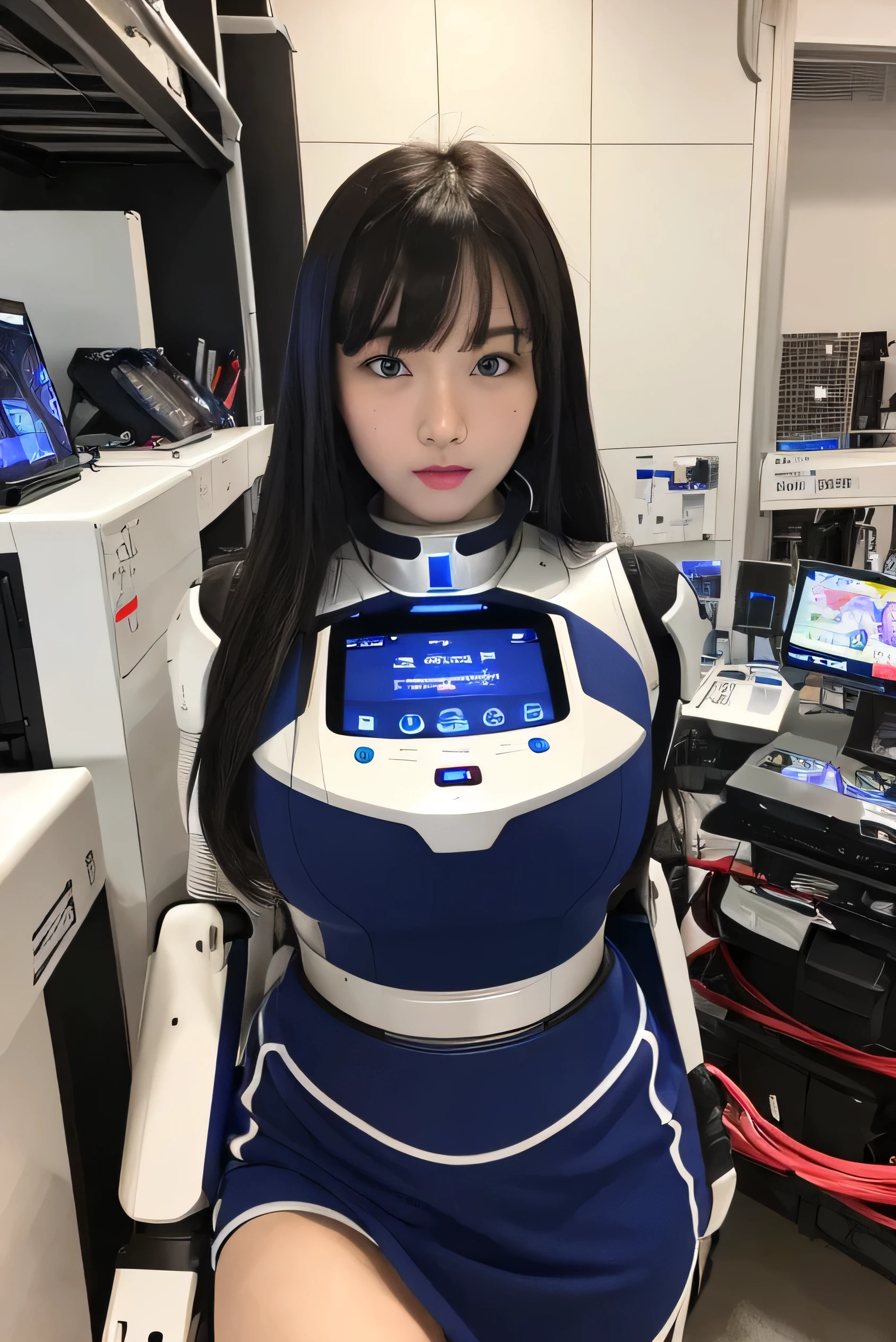 masterpiece, best quality, extremely detailed, Japaese android girl,Plump ,control panels,android,Droid,Mechanical Hand, Robot arms and legs,Blunt bangs,perfect robot girl,long tube,thick cable connected her neck,android,robot,humanoid,cyborg,japanese cyborg girl ,robot-assembly plant,She has assembled now,assembly scene,chest monitor,blue eyes