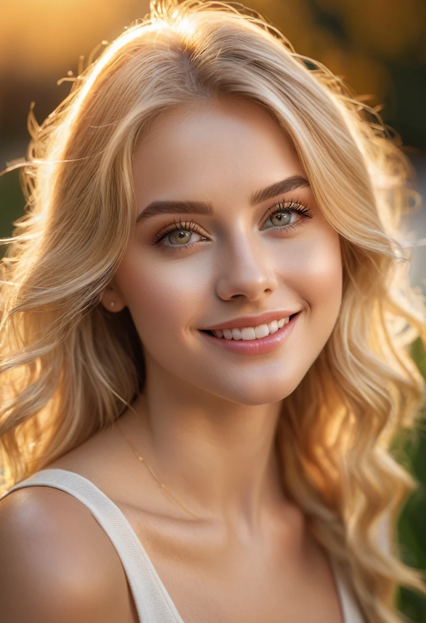 a cute golden blonde girl, beautiful detailed eyes, beautiful detailed lips, extremely detailed eyes and face, long eyelashes, beautiful girl, adorable, smiling, (best quality, 4k, 8k, highres, masterpiece:1.2), ultra-detailed, (realistic, photorealistic, photo-realistic:1.37), soft lighting, natural light, golden hour, shallow depth of field, warm colors, sunshine, outdoor, garden, flowers