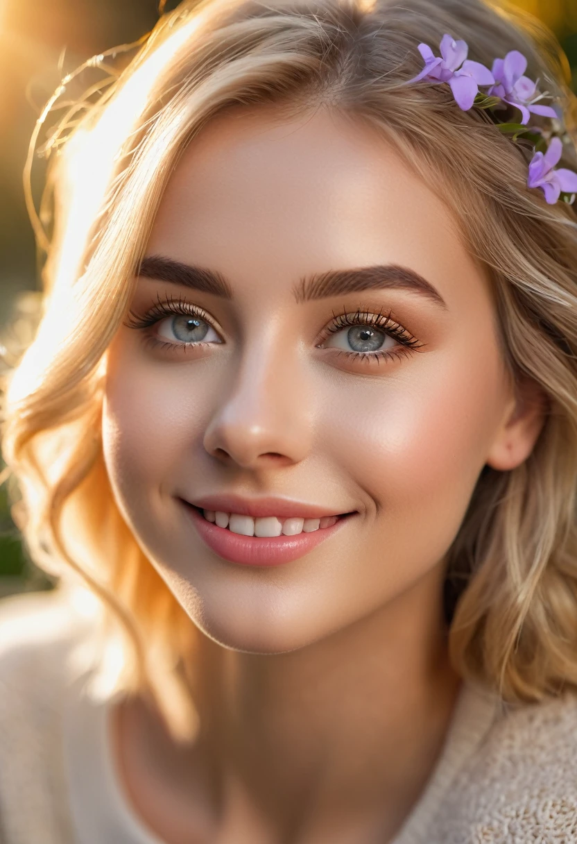 a cute golden blonde girl, beautiful detailed eyes, beautiful detailed lips, extremely detailed eyes and face, long eyelashes, beautiful girl, adorable, smiling, (best quality, 4k, 8k, highres, masterpiece:1.2), ultra-detailed, (realistic, photorealistic, photo-realistic:1.37), soft lighting, natural light, golden hour, shallow depth of field, warm colors, sunshine, outdoor, garden, flowers