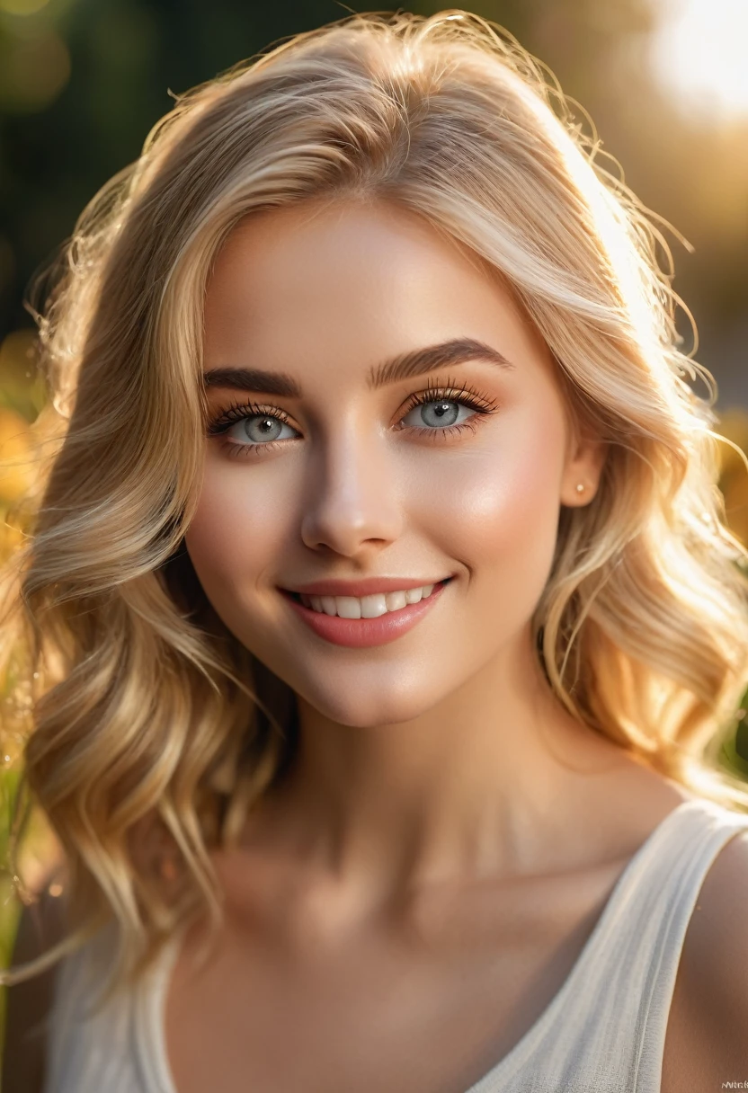 a cute golden blonde girl, beautiful detailed eyes, beautiful detailed lips, extremely detailed eyes and face, long eyelashes, beautiful girl, adorable, smiling, (best quality, 4k, 8k, highres, masterpiece:1.2), ultra-detailed, (realistic, photorealistic, photo-realistic:1.37), soft lighting, natural light, golden hour, shallow depth of field, warm colors, sunshine, outdoor, garden, flowers