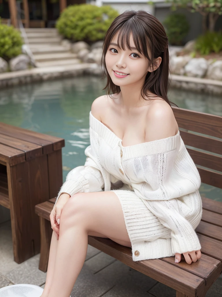 (masterpiece:1.3), High resolution, Super detailed, Highly detailed CG Unity 8K wallpaper, realistic, photo-realistic, RAW photo, (beautiful detailed face), white skin,big breasts、 realistic skin, fine cloth texture, detailed hair texture, perfect body, beautiful face, Accurate, anatomically correct, Highly detailed face and skin texture, natural neck length, (beautiful hands), (Fair skin:1.2), thin legs, thin legs, sexy thighs,
break,
(beautiful and detailed eyes), symmetrical eyes, brown eyes, double eyelid, thin eyebrows, (glossy lips:1.4), (cute smile:1.2),
break,
(very cute girl:1.3), ((I am wearing a long white knit coat over a one-shoulder sweater.:1.3)), (Navy blue miniskirt:1.2), (barefoot),
middle~Large breasts, (firm chest, well-shaped chest, slender body shape:1.1),
(dark brown hair, wavy hair), ((medium hair:1.2)), ((Bangs swept to the side:1.2)),
break,
((Put your feet in the footbath and sit on the bench:1.3)),
((Japanese「Hakone」In the open-air foot bath of:1.2)), (cowboy shot:1.2), (Look at the viewer with their gaze:1.2), (From the side:1.1),