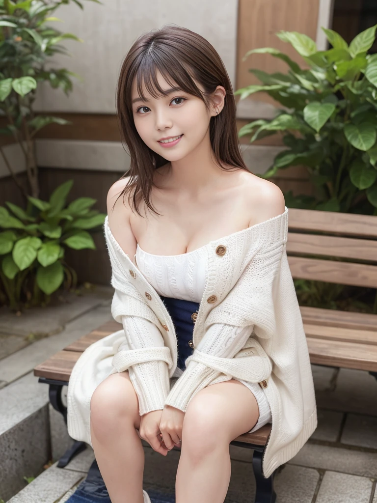 (masterpiece:1.3), High resolution, Super detailed, Highly detailed CG Unity 8K wallpaper, realistic, photo-realistic, RAW photo, (beautiful detailed face), white skin,big breasts、 realistic skin, fine cloth texture, detailed hair texture, perfect body, beautiful face, Accurate, anatomically correct, Highly detailed face and skin texture, natural neck length, (beautiful hands), (Fair skin:1.2), thin legs, thin legs, sexy thighs,
break,
(beautiful and detailed eyes), symmetrical eyes, brown eyes, double eyelid, thin eyebrows, (glossy lips:1.4), (cute smile:1.2),
break,
(very cute girl:1.3), ((I am wearing a long white knit coat over a one-shoulder sweater.:1.3)), (Navy blue miniskirt:1.2), (barefoot),
middle~Large breasts, (firm chest, well-shaped chest, slender body shape:1.1),
(dark brown hair, wavy hair), ((medium hair:1.2)), ((Bangs swept to the side:1.2)),
break,
((Put your feet in the footbath and sit on the bench:1.3)),
((Japanese「Hakone」In the open-air foot bath of:1.2)), (cowboy shot:1.2), (Look at the viewer with their gaze:1.2), (From the side:1.1),