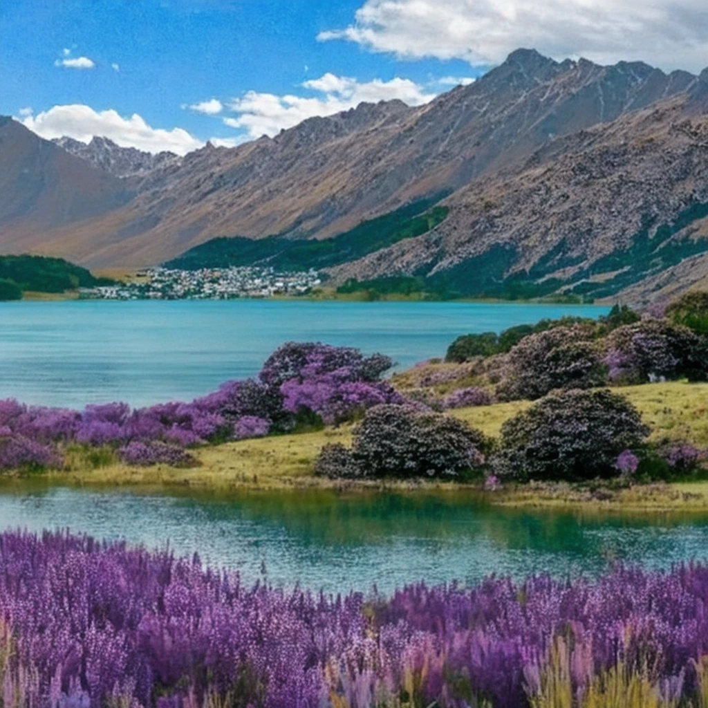 purple flowers in a field next to a lake and mountains, new zealand landscape, beautiful lake background, stunning nature in background, beautiful lake, breathtaking landscape, new zealand, a beautiful landscape, beautiful landscape, beautiful serene landscape, peaceful landscape, stunning landscape, natural landscape beauty, scenic colorful environment, lakeside mountains, lake background, amazing landscape in background