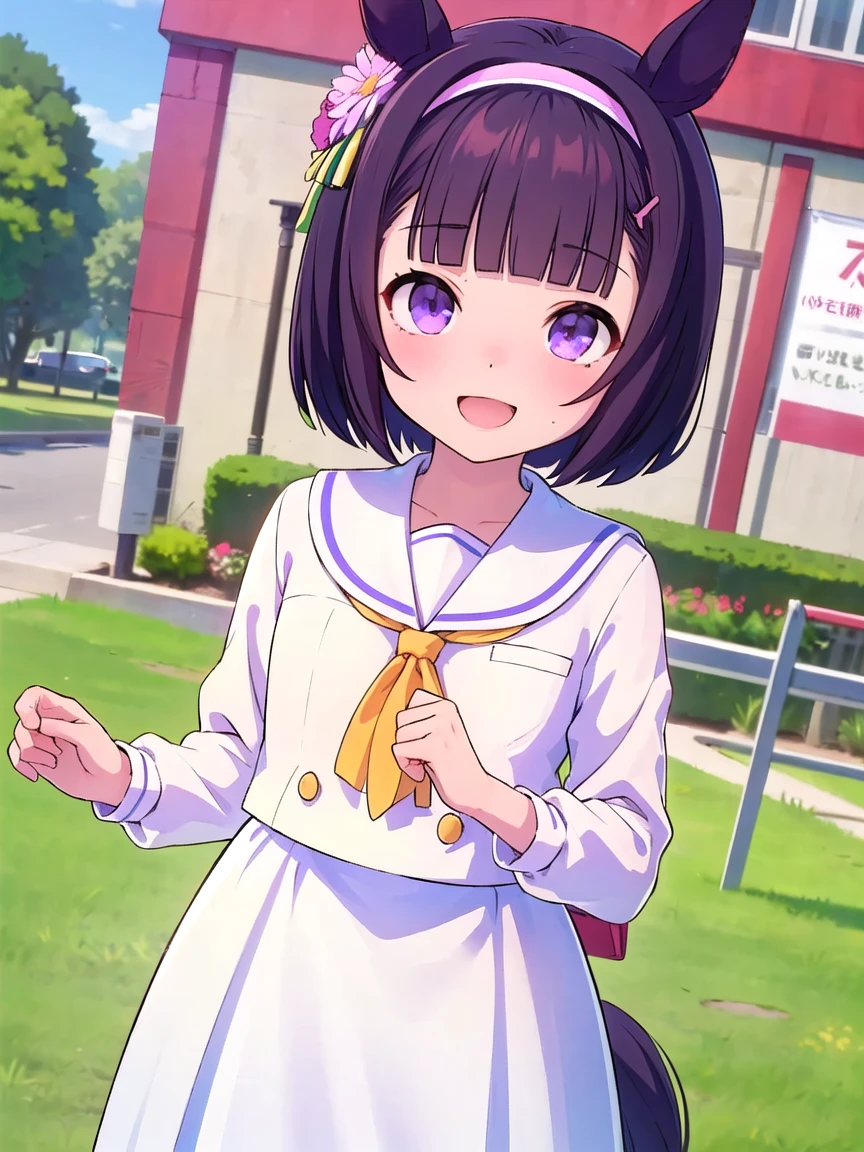 (High quality), (masterpiece), (very detailed), girl, (flat chest:1.6), short brown hair, purple eyes, shy face, primary  girl, white blouse, black skirt with pleats, (loli), showing her thighs, on the school yard, sunny, school girl, (sailor uniform), confessing his love towards the viewer, spectator looked under her, adorable eyes, (school uniform)