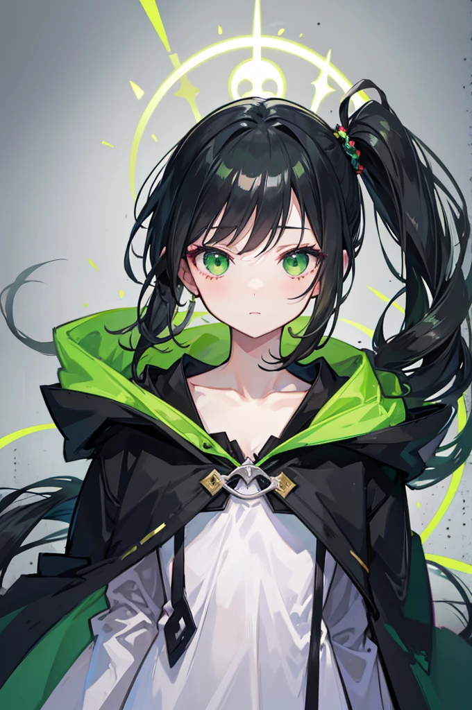 portrait, upper body face through torso, black hair, long wavy side ponytail, eromanga, half closed eyes, green eyes, boring face,dark green cloak, B cup