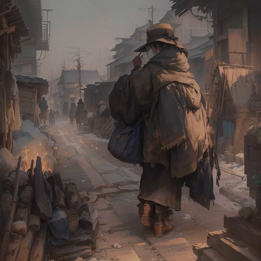 A man carrying a large bag in the city, Bloody art, Bloodborne concept art, Inspired by Carl Spitzweg, illustration concept art, Jan J, Beautiful artwork illustration, Gweiz-style artwork, By Ludwig Konaszewski, Painterly concept art, Bloodborne Style, Professional concept art Blazing flames, fire, crowd, throng, freezing, mother warming her baby.Scenery and Cityscape in the Early Meiji Era After the Meiji Restoration, Japan underwent rapid modernization and civilization. Consequently, many changes and reforms occurred. Below is a detailed explanation of the scenery, appearance of the poor, occupations, and cityscapes in the early Meiji period (1868 to the early 1880s). 2. Appearance of the Poor Life for the impoverished and lower classes remained harsh. In particular, in urban areas, people migrated from rural areas or unemployed artisans gathered, intensifying competition in the labor market. Many of them struggled with poverty, often residing in slums or around temples. 3. Occupations Meiji early Japan witnessed a diversification of occupations. Traditional agriculture and handicrafts were accompanied by the rise of modern industry and commerce. Particularly in urban areas, factory workers, shop clerks, and transporters increased, giving rise to new professions. However, many in these occupations endured harsh working conditions. 4. Influence of Civilization and Enlightenment During the Meiji era, Western cultural influences spread rapidly. Changes in clothing, dietary habits, and the proliferation of Western-style architecture advanced, especially in urban areas. Conversely, this development posed a threat to traditional culture and lifestyles, resulting in societal upheaval and adaptation challenges. 5. Social Change and Policy Influence While promoting modernization policies, the government also addressed poverty and social issues. Legislation for labor protection and charitable activities to aid the poor were implemented. Nevertheless, living conditions for the impoverished scarcely improved. The early Meiji period marked a rapid transformation in
