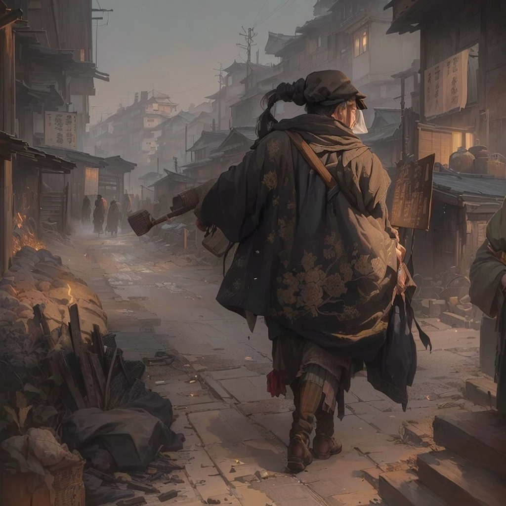 A man carrying a large bag in the city, Bloody art, Bloodborne concept art, Inspired by Carl Spitzweg, illustration concept art, Jan J, Beautiful artwork illustration, Gweiz-style artwork, By Ludwig Konaszewski, Painterly concept art, Bloodborne Style, Professional concept art Blazing flames, fire, crowd, throng, freezing, mother warming her baby.Scenery and Cityscape in the Early Meiji Era After the Meiji Restoration, Japan underwent rapid modernization and civilization. Consequently, many changes and reforms occurred. Below is a detailed explanation of the scenery, appearance of the poor, occupations, and cityscapes in the early Meiji period (1868 to the early 1880s). 2. Appearance of the Poor Life for the impoverished and lower classes remained harsh. In particular, in urban areas, people migrated from rural areas or unemployed artisans gathered, intensifying competition in the labor market. Many of them struggled with poverty, often residing in slums or around temples. 3. Occupations Meiji early Japan witnessed a diversification of occupations. Traditional agriculture and handicrafts were accompanied by the rise of modern industry and commerce. Particularly in urban areas, factory workers, shop clerks, and transporters increased, giving rise to new professions. However, many in these occupations endured harsh working conditions. 4. Influence of Civilization and Enlightenment During the Meiji era, Western cultural influences spread rapidly. Changes in clothing, dietary habits, and the proliferation of Western-style architecture advanced, especially in urban areas. Conversely, this development posed a threat to traditional culture and lifestyles, resulting in societal upheaval and adaptation challenges. 5. Social Change and Policy Influence While promoting modernization policies, the government also addressed poverty and social issues. Legislation for labor protection and charitable activities to aid the poor were implemented. Nevertheless, living conditions for the impoverished scarcely improved. The early Meiji period marked a rapid transformation in