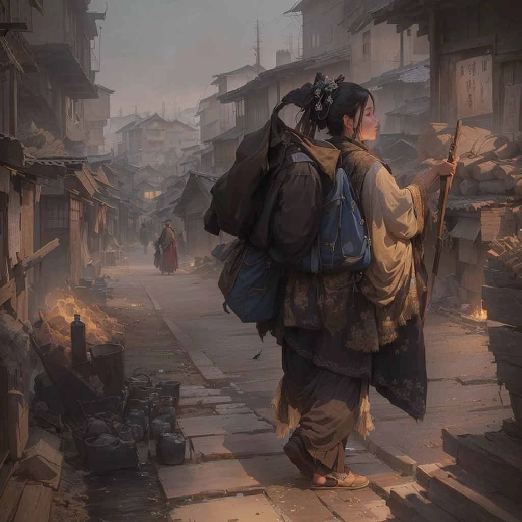 A man carrying a large bag in the city, Bloody art, Bloodborne concept art, Inspired by Carl Spitzweg, illustration concept art, Jan J, Beautiful artwork illustration, Gweiz-style artwork, By Ludwig Konaszewski, Painterly concept art, Bloodborne Style, Professional concept art Blazing flames, fire, crowd, throng, freezing, mother warming her baby.Scenery and Cityscape in the Early Meiji Era After the Meiji Restoration, Japan underwent rapid modernization and civilization. Consequently, many changes and reforms occurred. Below is a detailed explanation of the scenery, appearance of the poor, occupations, and cityscapes in the early Meiji period (1868 to the early 1880s). 2. Appearance of the Poor Life for the impoverished and lower classes remained harsh. In particular, in urban areas, people migrated from rural areas or unemployed artisans gathered, intensifying competition in the labor market. Many of them struggled with poverty, often residing in slums or around temples. 3. Occupations Meiji early Japan witnessed a diversification of occupations. Traditional agriculture and handicrafts were accompanied by the rise of modern industry and commerce. Particularly in urban areas, factory workers, shop clerks, and transporters increased, giving rise to new professions. However, many in these occupations endured harsh working conditions. 4. Influence of Civilization and Enlightenment During the Meiji era, Western cultural influences spread rapidly. Changes in clothing, dietary habits, and the proliferation of Western-style architecture advanced, especially in urban areas. Conversely, this development posed a threat to traditional culture and lifestyles, resulting in societal upheaval and adaptation challenges. 5. Social Change and Policy Influence While promoting modernization policies, the government also addressed poverty and social issues. Legislation for labor protection and charitable activities to aid the poor were implemented. Nevertheless, living conditions for the impoverished scarcely improved. The early Meiji period marked a rapid transformation in 
