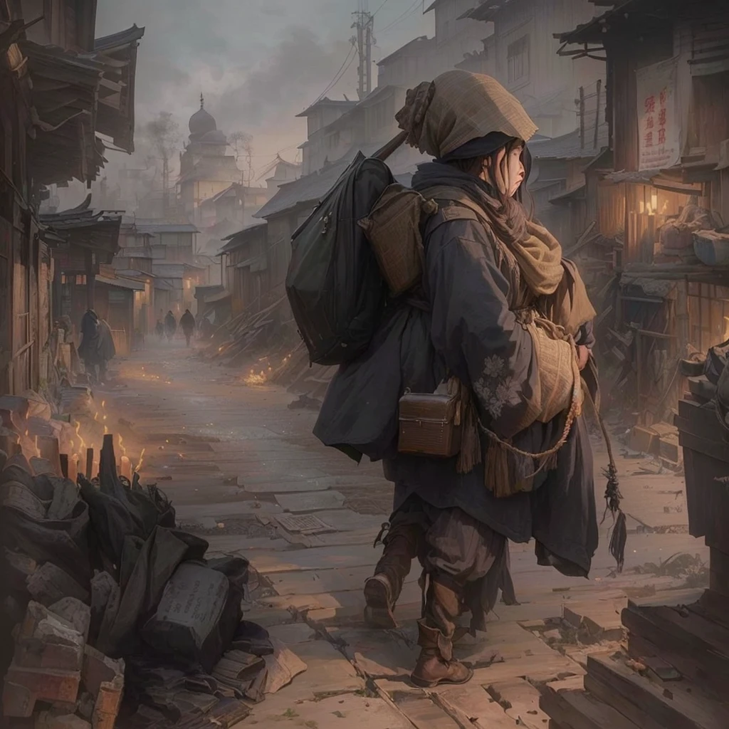 A man carrying a large bag in the city, Bloody art, Bloodborne concept art, Inspired by Carl Spitzweg, illustration concept art, Jan J, Beautiful artwork illustration, Gweiz-style artwork, By Ludwig Konaszewski, Painterly concept art, Bloodborne Style, Professional concept art Blazing flames, fire, crowd, throng, freezing, mother warming her .Scenery and Cityscape in the Early Meiji Era After the Meiji Restoration, Japan underwent rapid modernization and civilization. Consequently, many changes and reforms occurred. Below is a detailed explanation of the scenery, appearance of the poor, occupations, and cityscapes in the early Meiji period (1868 to the early 1880s). 2. Appearance of the Poor Life for the impoverished and lower classes remained harsh. In particular, in urban areas, people migrated from rural areas or unemployed artisans gathered, intensifying competition in the labor market. Many of them struggled with poverty, often residing in slums or around temples. 3. Occupations Meiji early Japan witnessed a diversification of occupations. Traditional agriculture and handicrafts were accompanied by the rise of modern industry and commerce. Particularly in urban areas, factory workers, shop clerks, and transporters increased, giving rise to new professions. However, many in these occupations endured harsh working conditions. 4. Influence of Civilization and Enlightenment During the Meiji era, Western cultural influences spread rapidly. Changes in clothing, dietary habits, and the proliferation of Western-style architecture advanced, especially in urban areas. Conversely, this development posed a threat to traditional culture and lifestyles, resulting in societal upheaval and adaptation challenges. 5. Social Change and Policy Influence While promoting modernization policies, the government also addressed poverty and social issues. Legislation for labor protection and charitable activities to aid the poor were implemented. Nevertheless, living conditions for the impoverished scarcely improved. The early Meiji period marked a rapid transformation in 