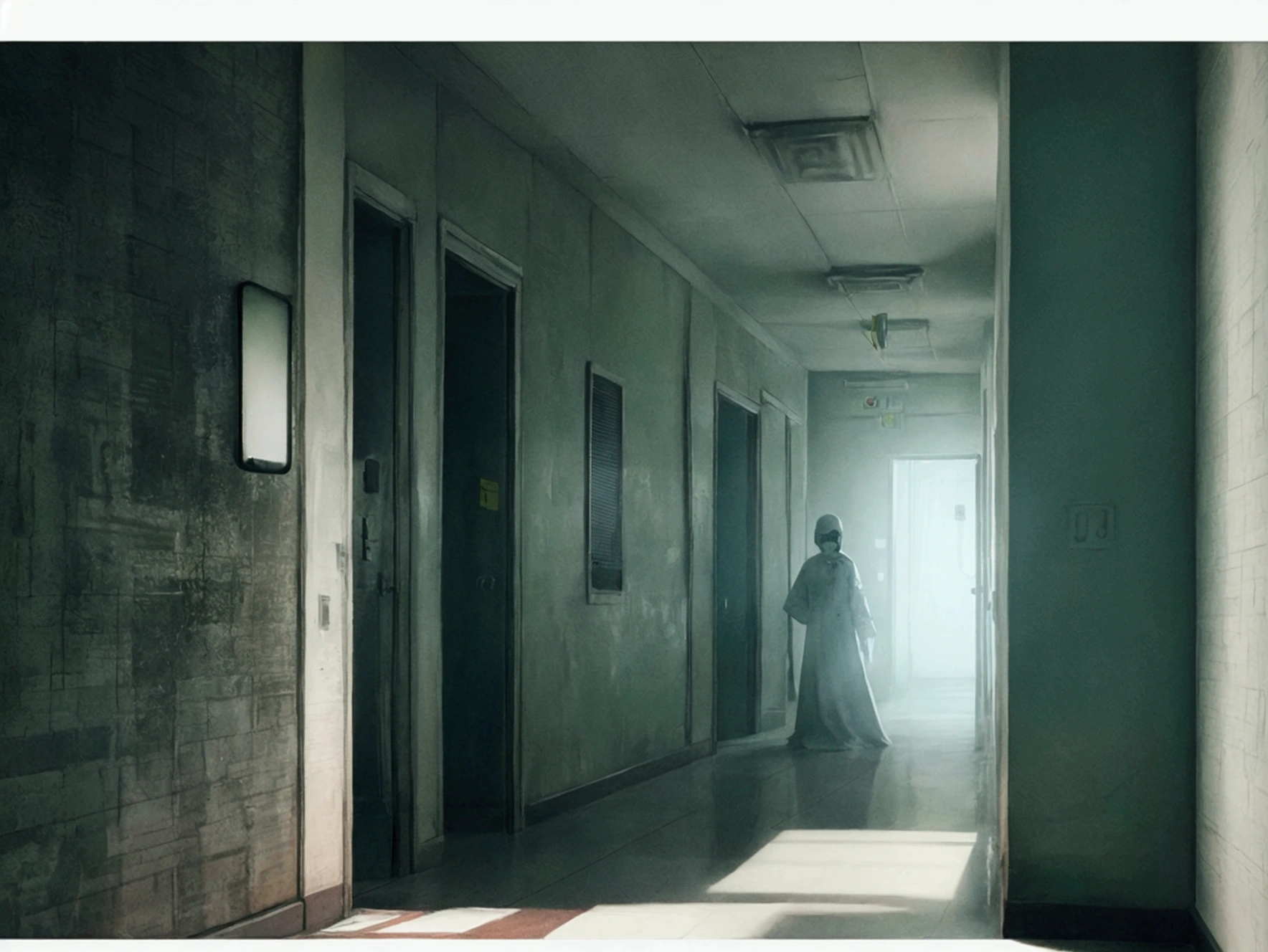 Create an image of a ghost in a hospital corridor, styled like a scene from a horror movie. The ghost should have an eerie, ethereal appearance, partially transparent, with a menacing aura. The hospital corridor is dimly lit, with flickering lights casting unsettling shadows. Elements like medical carts, doors, and signs typical of a hospital setting should be present in the background. The overall mood of the image should be chilling and sinister, evoking a sense of dread and fear.