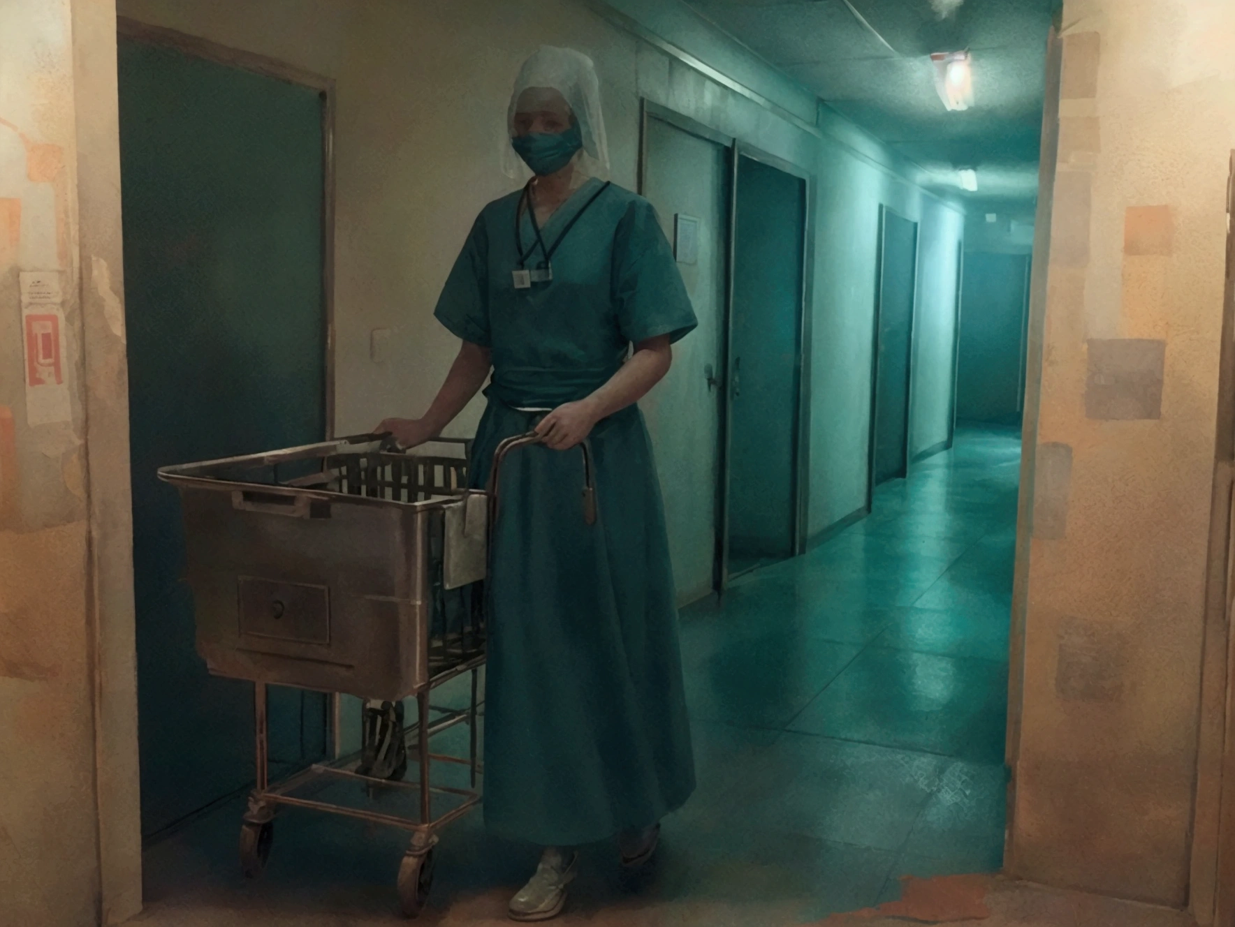 Create an image of a ghost in a hospital corridor, styled like a scene from a horror movie. The ghost should have an eerie, ethereal appearance, partially transparent, with a menacing aura. The hospital corridor is dimly lit, with flickering lights casting unsettling shadows. Elements like medical carts, doors, and signs typical of a hospital setting should be present in the background. The overall mood of the image should be chilling and sinister, evoking a sense of dread and fear.