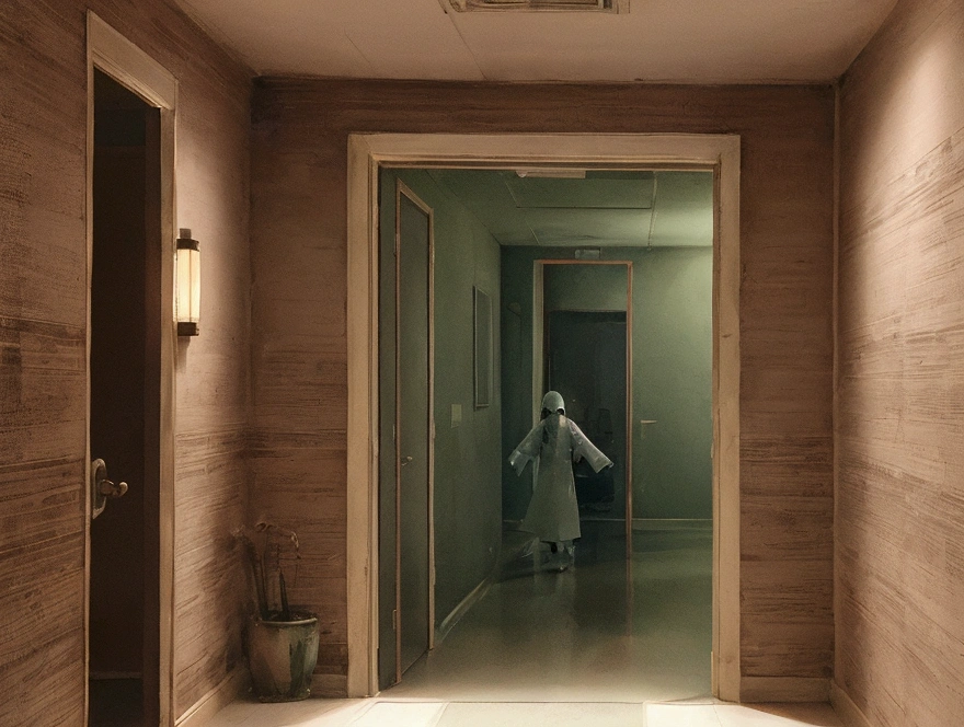 Create an image of a ghost in a hospital corridor, styled like a scene from a horror movie. The ghost should have an eerie, ethereal appearance, partially transparent, with a menacing aura. The hospital corridor is dimly lit, with flickering lights casting unsettling shadows. Elements like medical carts, doors, and signs typical of a hospital setting should be present in the background. The overall mood of the image should be chilling and sinister, evoking a sense of dread and fear.