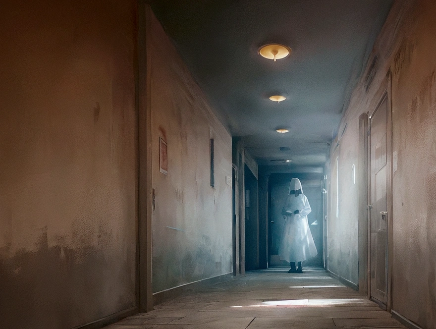 Create an image of a ghost in a hospital corridor, styled like a scene from a horror movie. The ghost should have an eerie, ethereal appearance, partially transparent, with a menacing aura. The hospital corridor is dimly lit, with flickering lights casting unsettling shadows. Elements like medical carts, doors, and signs typical of a hospital setting should be present in the background. The overall mood of the image should be chilling and sinister, evoking a sense of dread and fear.