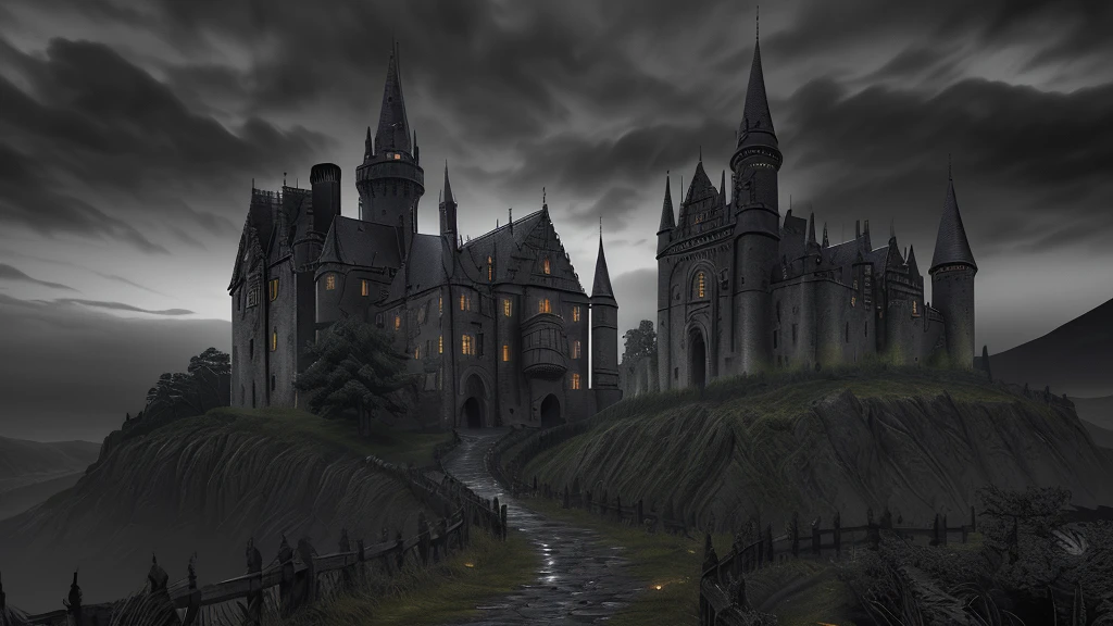 a dark and gloomy haunted castle at night, moonlight shining on a winding stone path, an ominous, sinister atmosphere, horror, fear, macabre, (best quality,4k,8k,highres,masterpiece:1.2),ultra-detailed,(realistic,photorealistic,photo-realistic:1.37),intricate details,dramatic lighting,moody colors,cinematic composition,dark fantasy,horror genre