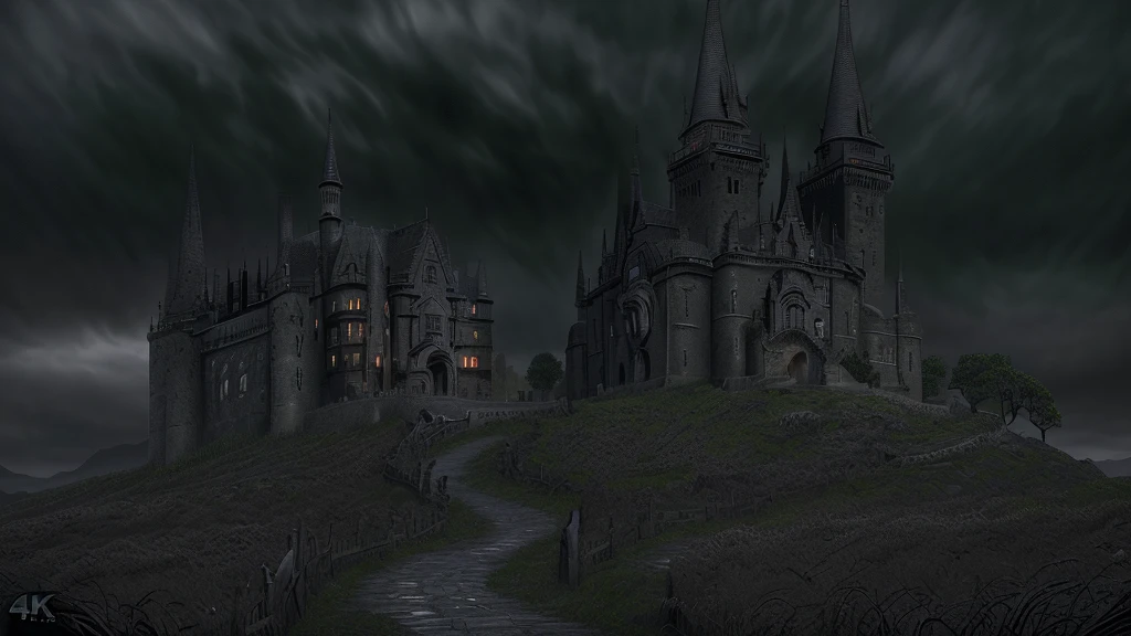 a dark and gloomy haunted castle at night, moonlight shining on a winding stone path, an ominous, sinister atmosphere, horror, fear, macabre, (best quality,4k,8k,highres,masterpiece:1.2),ultra-detailed,(realistic,photorealistic,photo-realistic:1.37),intricate details,dramatic lighting,moody colors,cinematic composition,dark fantasy,horror genre