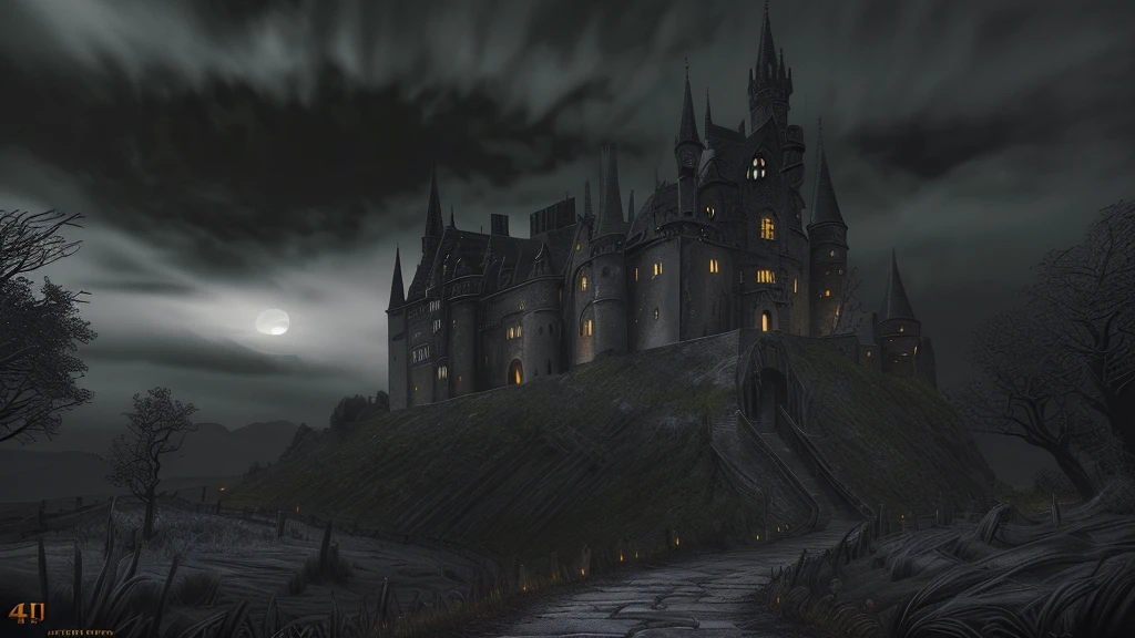a dark and gloomy haunted castle at night, moonlight shining on a winding stone path, an ominous, sinister atmosphere, horror, fear, macabre, (best quality,4k,8k,highres,masterpiece:1.2),ultra-detailed,(realistic,photorealistic,photo-realistic:1.37),intricate details,dramatic lighting,moody colors,cinematic composition,dark fantasy,horror genre