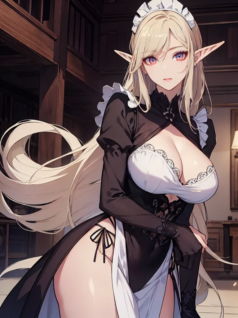 (art: 1.2), (best quality: 1.2) 1 woman, elf woman, European elf maid, mature, tall (1.85), looked to be around 30 years old, she had long golds hair, straight shiny hair with Korean bangs, green eyes like the most beautiful emerald, ultra realistic eyes, super detailed eyes, eyes well proportioned to your face, extremely detailed eyes, perfect eyes, extremely realistic eyes, well aligned eyes, thin chin, ultra feminine chin long eyelashes , anime style, slightly pointed ears, ears well proportioned to her face, ultra detailed ears, perfect ears, face positioned looking at the viewer, Perfect Face, face that looks 28 years old, full lips, motherly facial expression she will protect you, motherly smile, mature, fair skin, slender body, natural body, sexy body, mature body, hands on waist, perfect hands, detailed hands, hands well proportioned to the body, realistic hands, slender arms with good anatomy, she wore a European style maid who still couldn't hide her huge and large breasts that drooped due to her size, tight black dress, white apron, slim waist, thighs thick and wide hips, looking at the viewer, background in a wooden style house Victorian era, posing with her back for presentation, alone, looking at the viewer