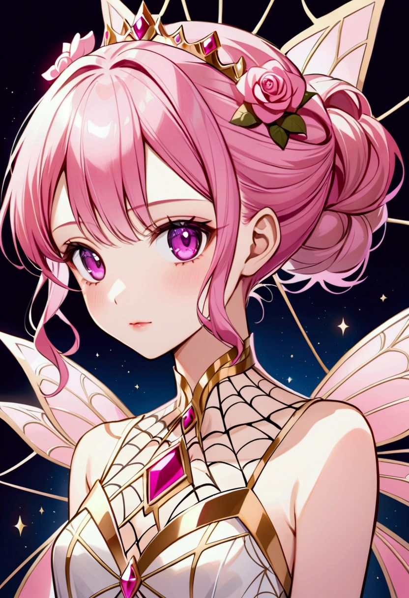 Create an anime-style girl with deep magenta eyes and long, wavy pink hair styled in an elegant updo. She is slender with small breasts. She wears a magical girl-themed outfit with regal and ethereal elements, featuring a gold, pastel pink, and rose gold color scheme. The outfit has intricate spider web patterns and motifs, combining elegance and fantasy with a magical girl aesthetic.