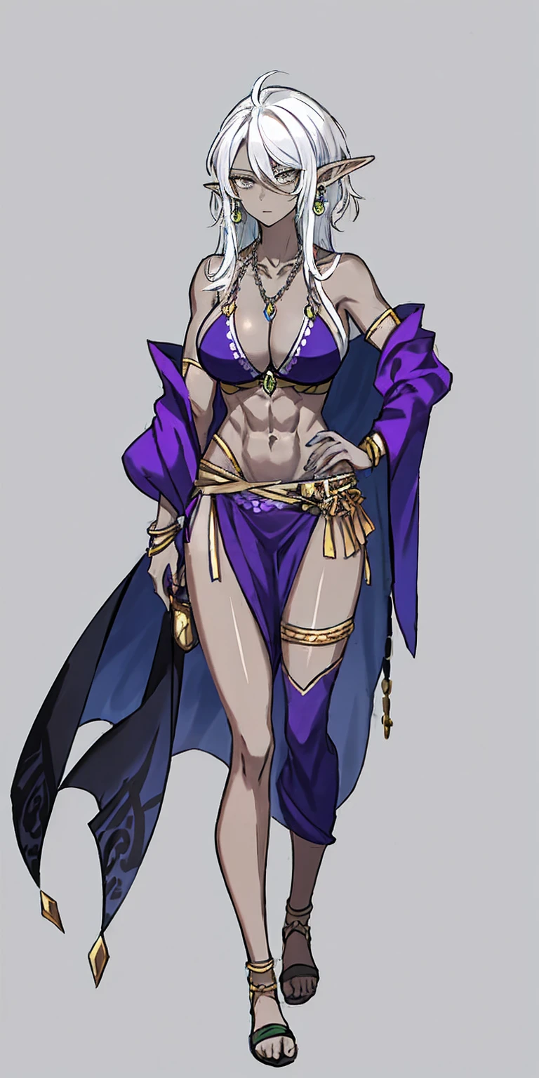Appearance
Gender: Female
Age: Mature
Race: Drow (elf with dark skin and white hair)
Height: Full-body
Skin: Gray
Skin: Gray
Background: Plain Gray
Eyes: Purple
Attire: Bikini, revealing abdominal muscles
Accessories: Large earrings, ragged rags, chain necklace
