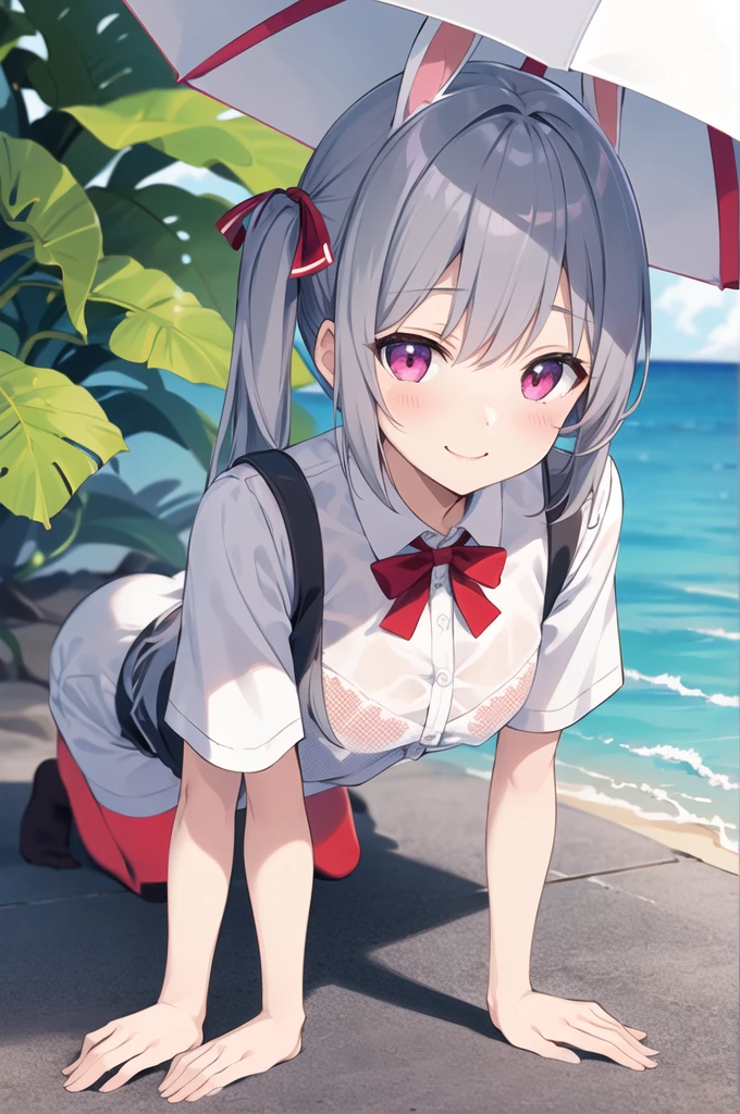 Girl、cute、Idol、Lori、コン、Small breasts、cute、Pink eyes、Grey Hair、Long Hairstyles、Twin tails、Rabbit、Bunny ears、Big ribbon、cute、Spoiled、Watery eyes、heart，smile、be happy、Red cheeks、Hawaii、Rabbitの水着、Embarrassed、Rabbitを抱いている、Rabbitに囲まれている、Under the Parasol、Beach Bets、supine position、sunglasses、Put on a shirt、On all fours、Back Attack、