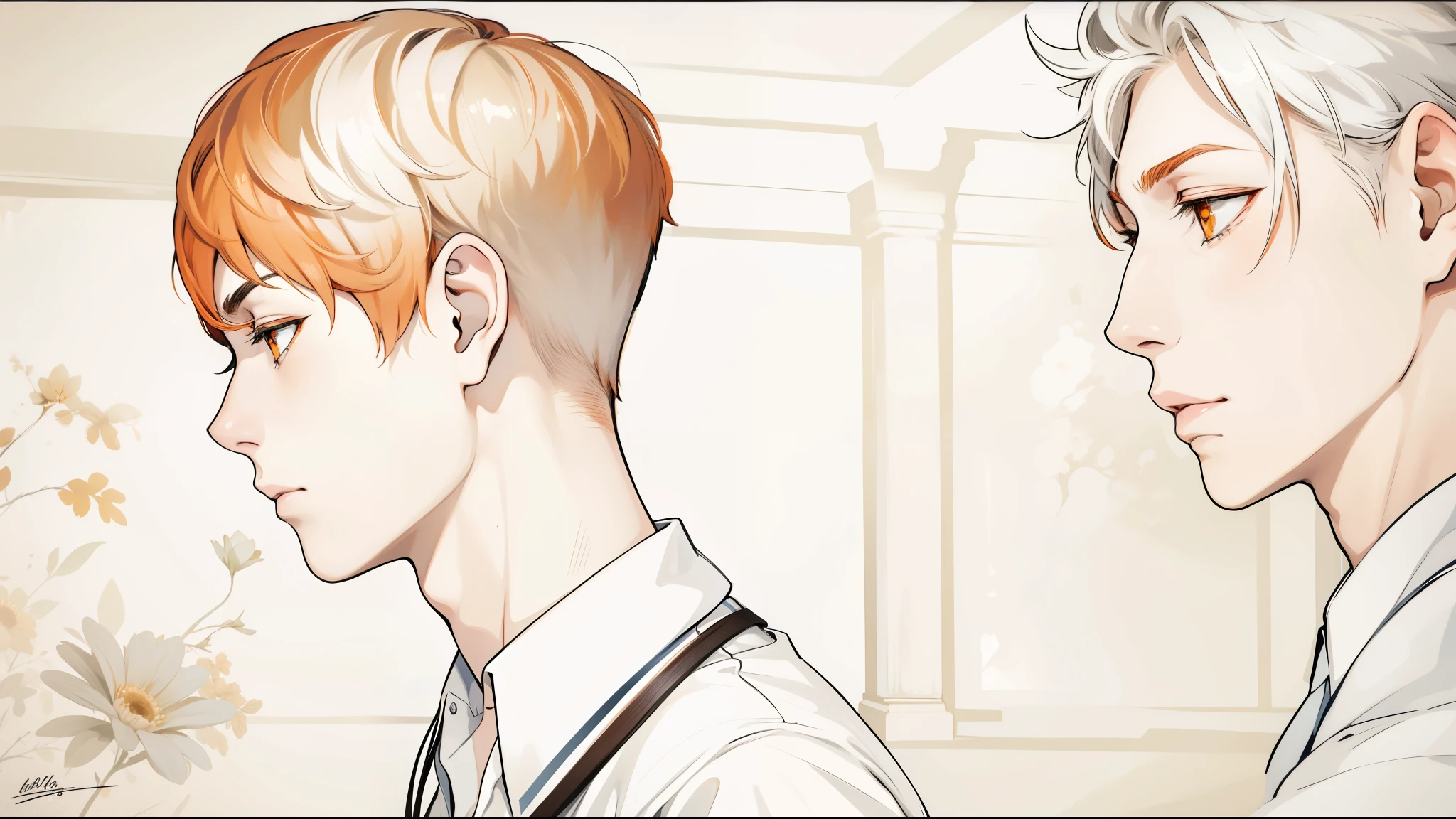 two young men of 18 years walk sad worried thoughtful through high school orange hair orange eyes