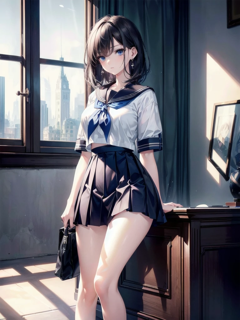 absurdres, RAW photo, extremely delicate and beautiful, masterpiece, Best Quality, ultra high resolution, 32k, hyperrealistic, ultra-detailed, perfect anatomy, super Detailed skin, perfect figure, Super Beauty, Perfect Style, Perfect balance, Beautiful Lighting, Perfect Lightning, Realistic Shadows, 20 years old, very Slim body, narrow waist, very small head, very small face, delicate facial features, handsome detailed woman, very detailed eyes and face, realistic face proportions, Realistic beautiful face, Realistic beautiful eyes, tearful mole, earring, very huge round breasts, legs, medium hair, asymmetrical hair, whole body shot, indoor, school_uniform, short skirt, sailor uniform,