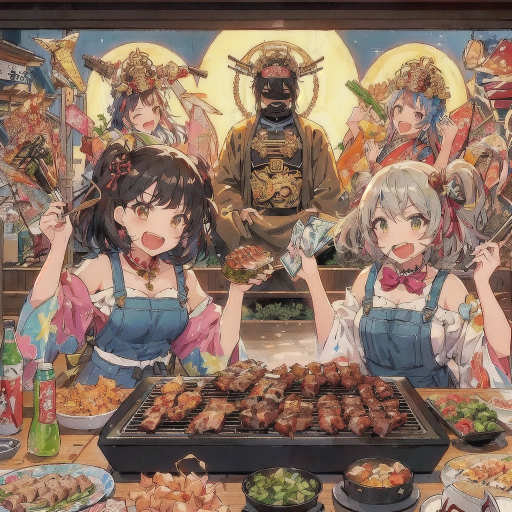 anime characters cooking on a grill with a lot of food, Grilling meat,With the Seven Lucky Gods,Angry with a banknote,Anime Food, everyone, cooking it up, Kantai Collection Style, High quality anime art style, Anime Girls, two beautiful Anime Girls, 80s anime style,Lofi,Beautiful anime artwork, cooking show, Anime Background, cooking, Anime Moe Art Style, Hololive, Trending Anime Art, Beautiful and detailed anime art, High quality fan art, barbecue