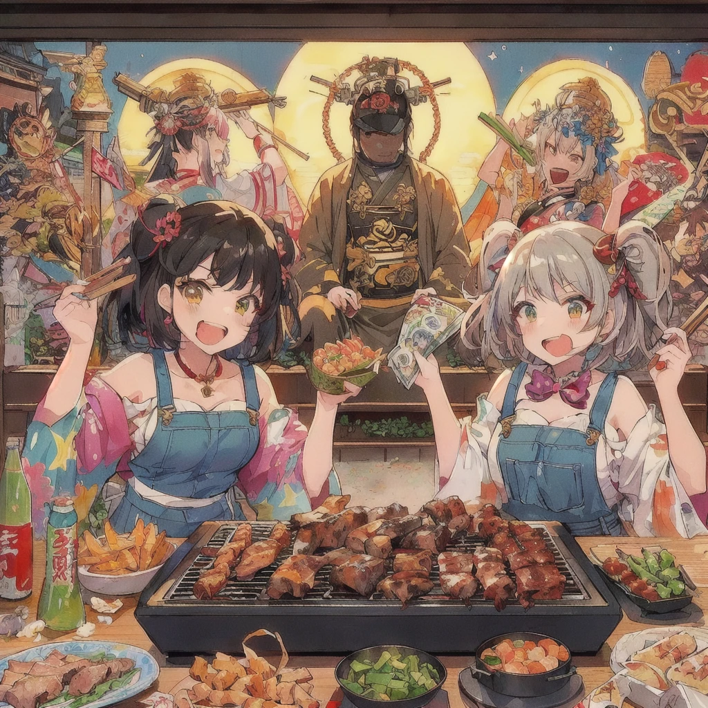 anime characters cooking on a grill with a lot of food, Grilling meat,With the Seven Lucky Gods,Angry with a banknote,Anime Food, everyone, cooking it up, Kantai Collection Style, High quality anime art style, Anime Girls, two beautiful Anime Girls, 80s anime style,Lofi,Beautiful anime artwork, cooking show, Anime Background, cooking, Anime Moe Art Style, Hololive, Trending Anime Art, Beautiful and detailed anime art, High quality fan art, barbecue