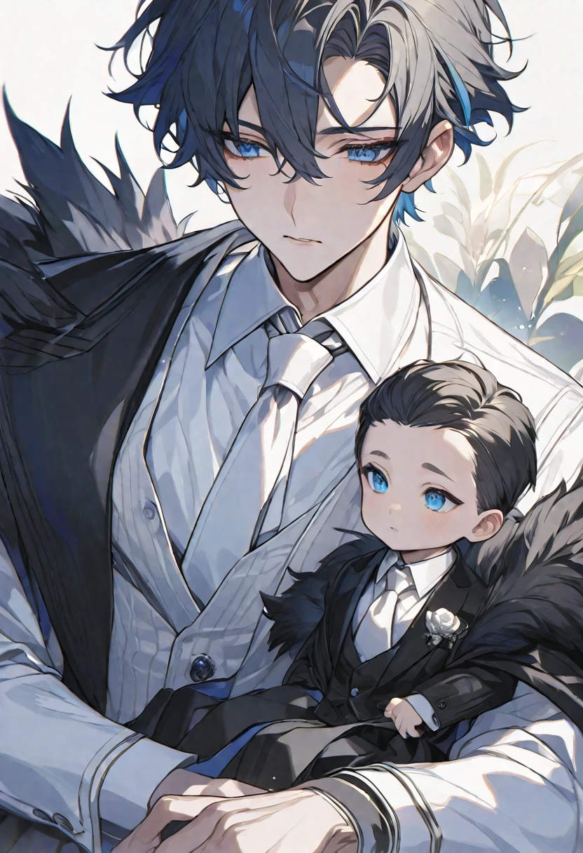 alone, elegant, 1 baby boy, short hair, black fur, half and half, blue eyes, detailed, White shirt, white tie,