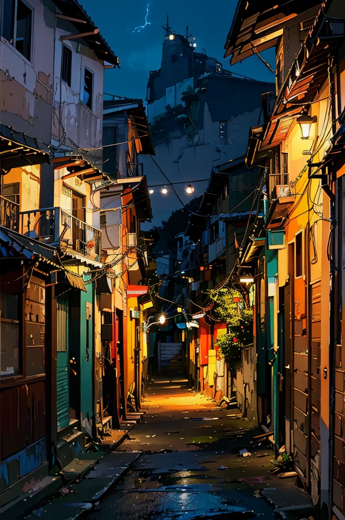 Expressive digital painting; Favela ; improvisational architecture ; tangled wire; Geographic Depth; Exposed Brick, Houses everywhere々It's full of.,Cyber City、Neon Light、night景、night、nightの都市
