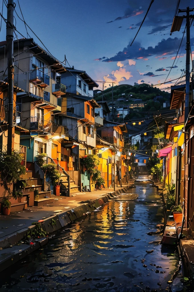 Expressive digital painting; Favela ; improvisational architecture ; tangled wire; Geographic Depth; Exposed Brick, Houses everywhere々It's full of.,Cyber City、Neon Light、night景、night、nightの都市